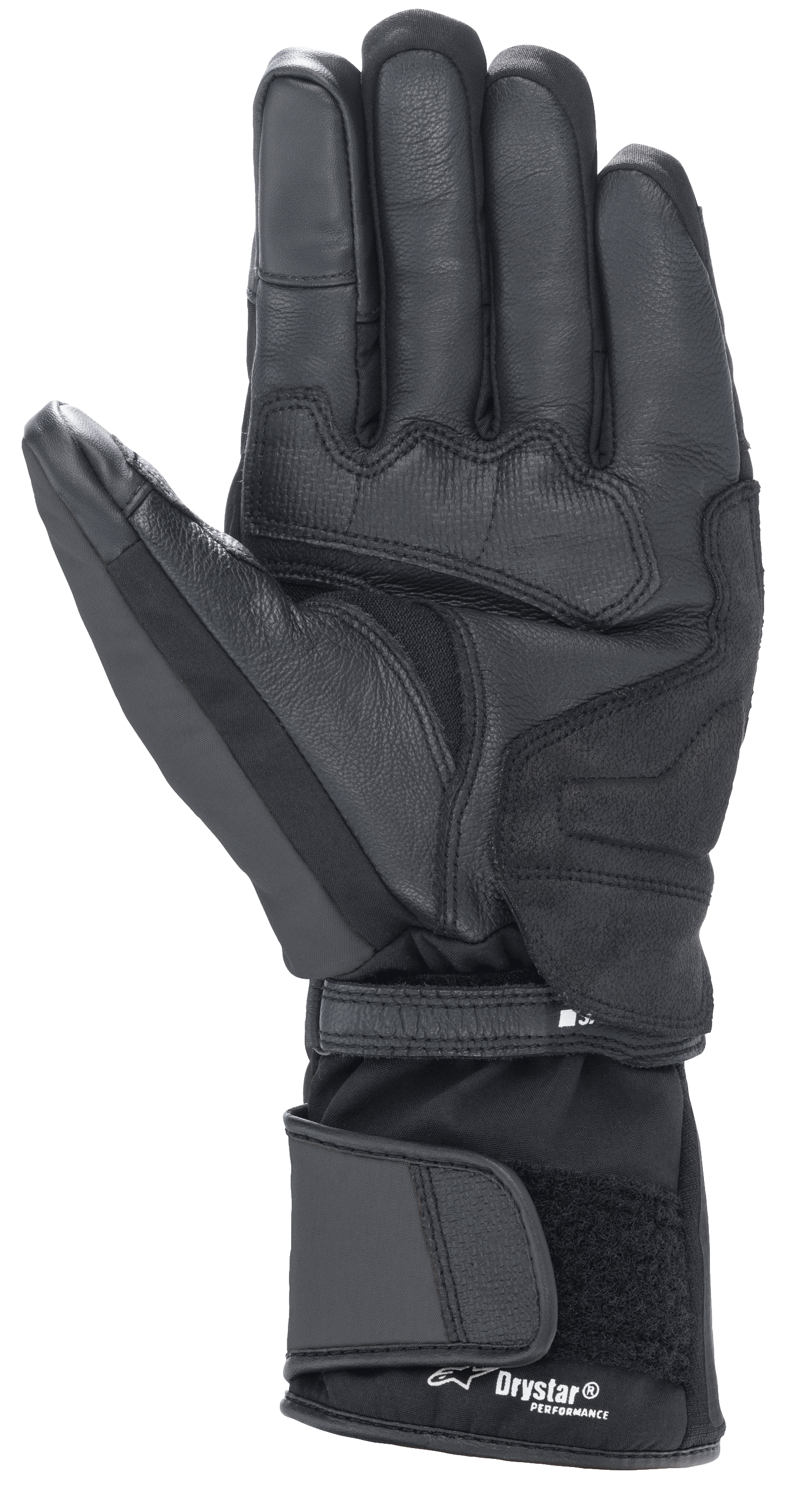 Guanti Alpinestars Denali Aerogel Drystar®, nero, vista del palmo con pannelli in materiale rinforzato, grip testurizzato sulle dita e polsino lungo regolabile con marchio Drystar® Performance, abbigliamento moto invernale per adventure touring
