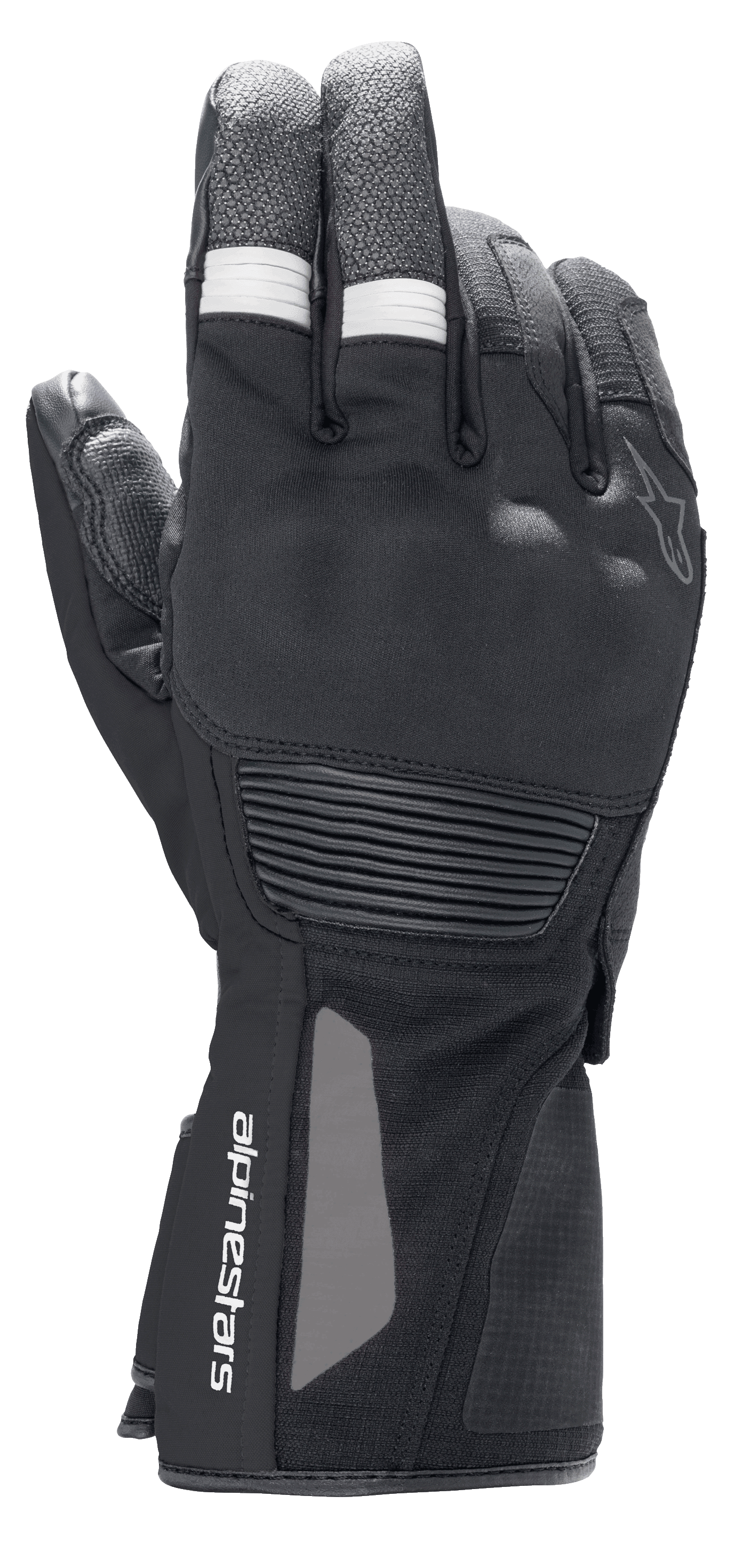 Alpinestars Denali Aerogel Drystar® Gloves, guanti da moto adventure touring, neri con accenti bianchi a coste sulle dita, protezione nocche sagomata e logo sul polso, costruzione tecnica multi-materiale per prestazioni in climi freddi
