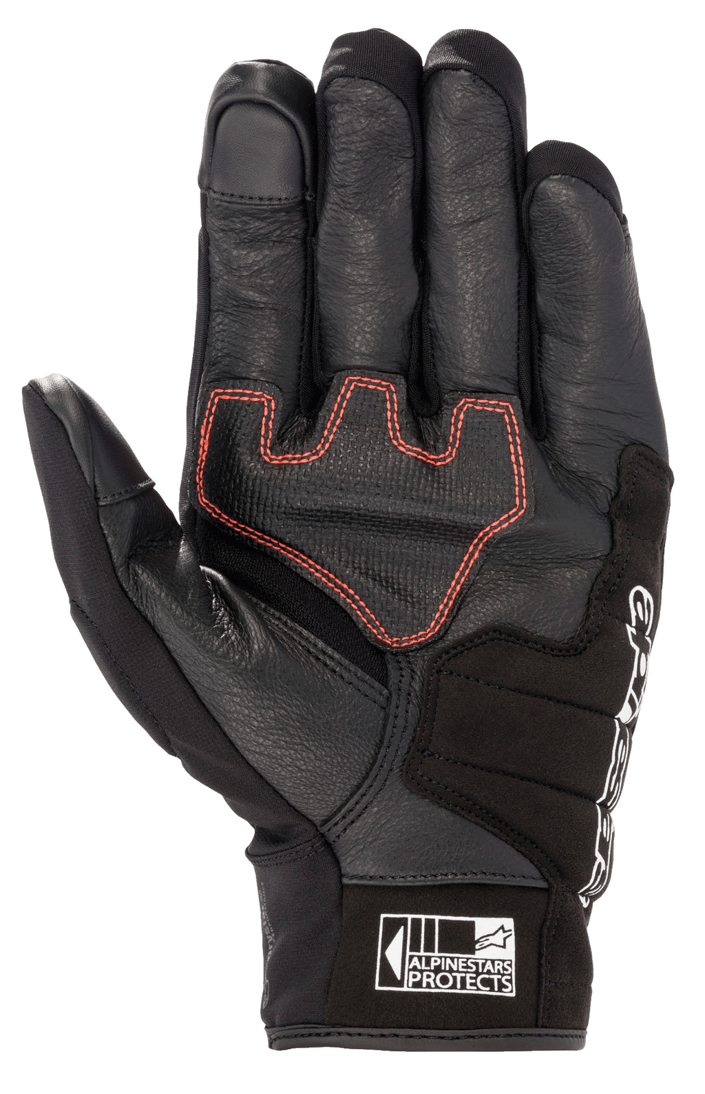Guanto Alpinestars Honda SMX Z Drystar®, guanto da moto a polsino corto, nero con cuciture geometriche rosso brillante sul palmo, realizzato in pelle di capra con rinforzi in camoscio, punte delle dita compatibili con touchscreen e logo Alpinestars Protects sul polsino
