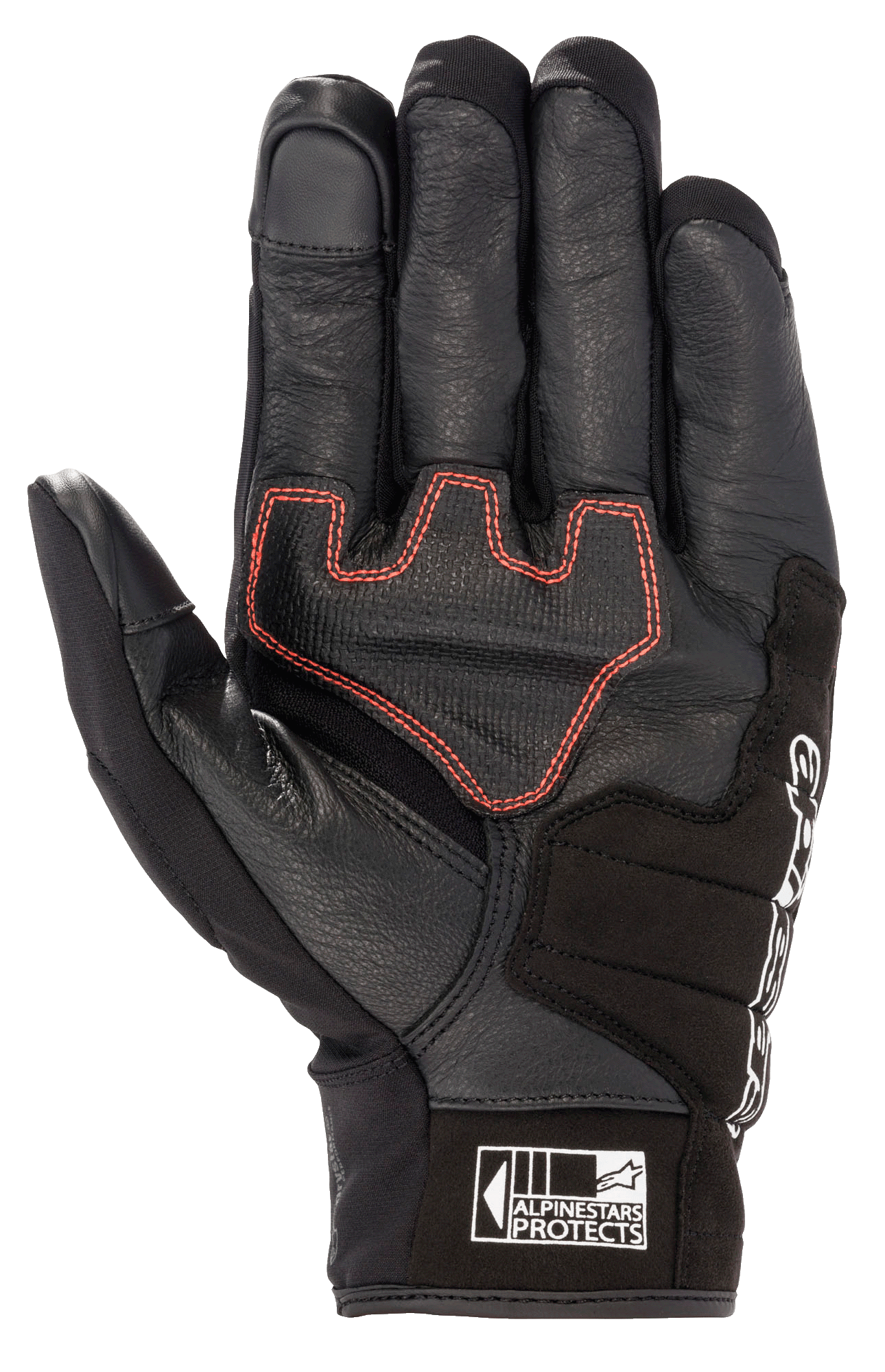 Guanto Alpinestars Honda SMX Z Drystar®, guanto da moto a polsino corto, nero con cuciture geometriche rosso brillante sul palmo, realizzato in pelle di capra con rinforzi in camoscio, punte delle dita compatibili con touchscreen e logo Alpinestars Protects sul polsino