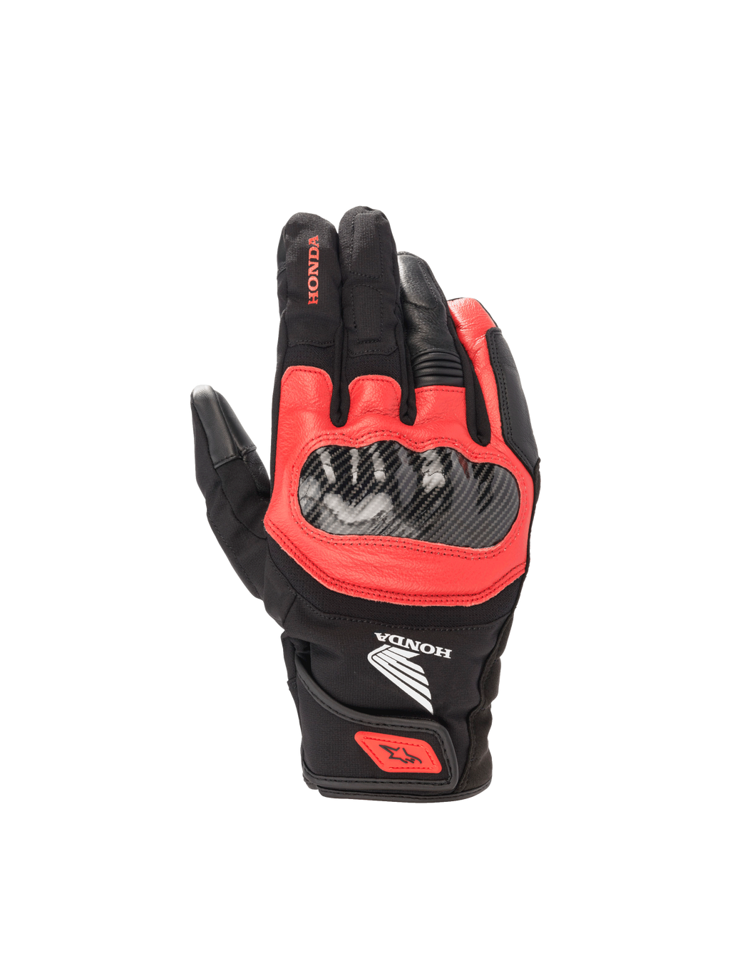 Guanti Alpinestars Honda SMX Z Drystar®, guanti da moto road impermeabili, nero e rosso brillante, in pelle con nocche rigide.