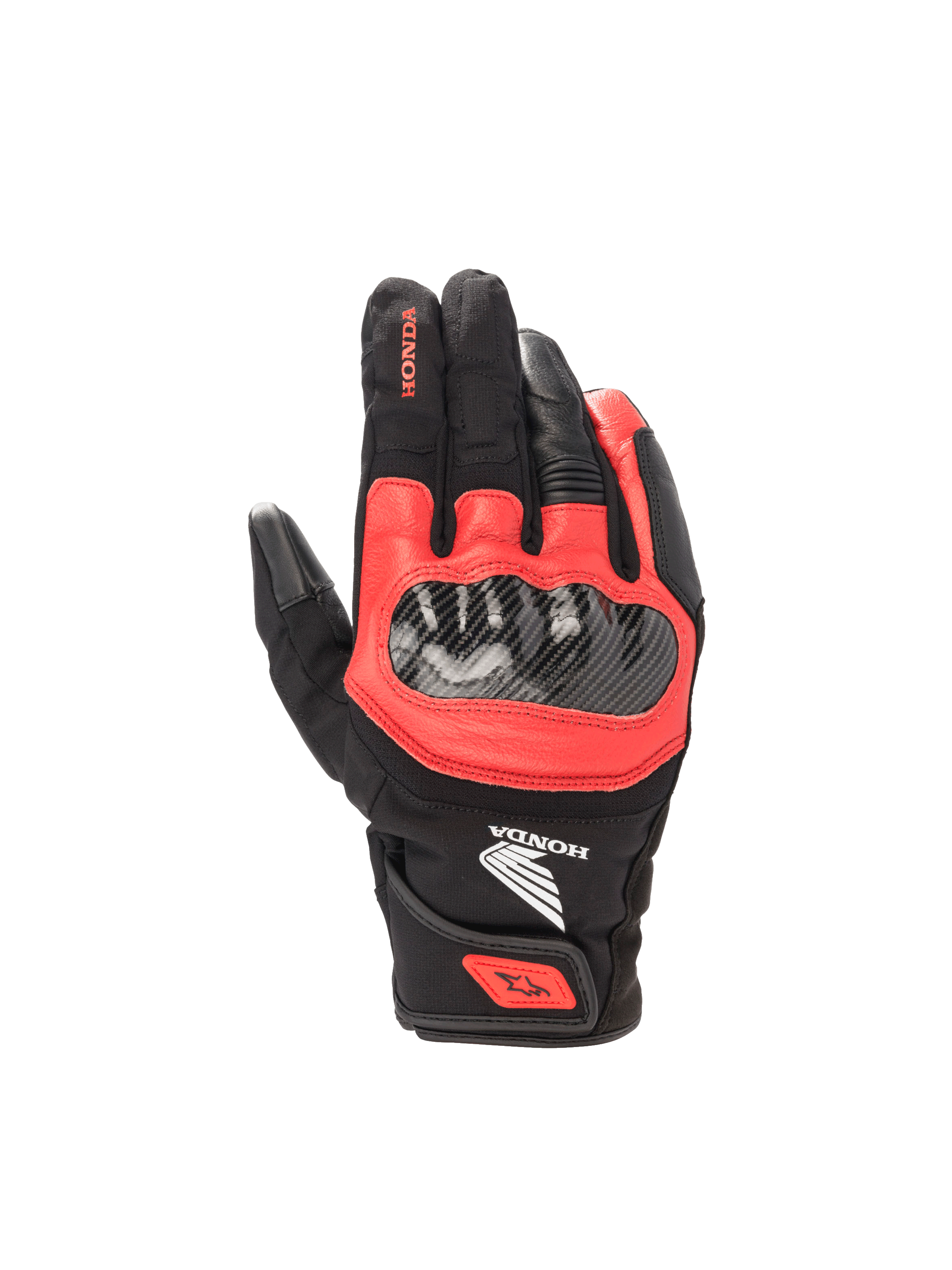 Guanti Alpinestars Honda SMX Z Drystar®, guanti da moto road impermeabili, nero e rosso brillante, in pelle con nocche rigide.