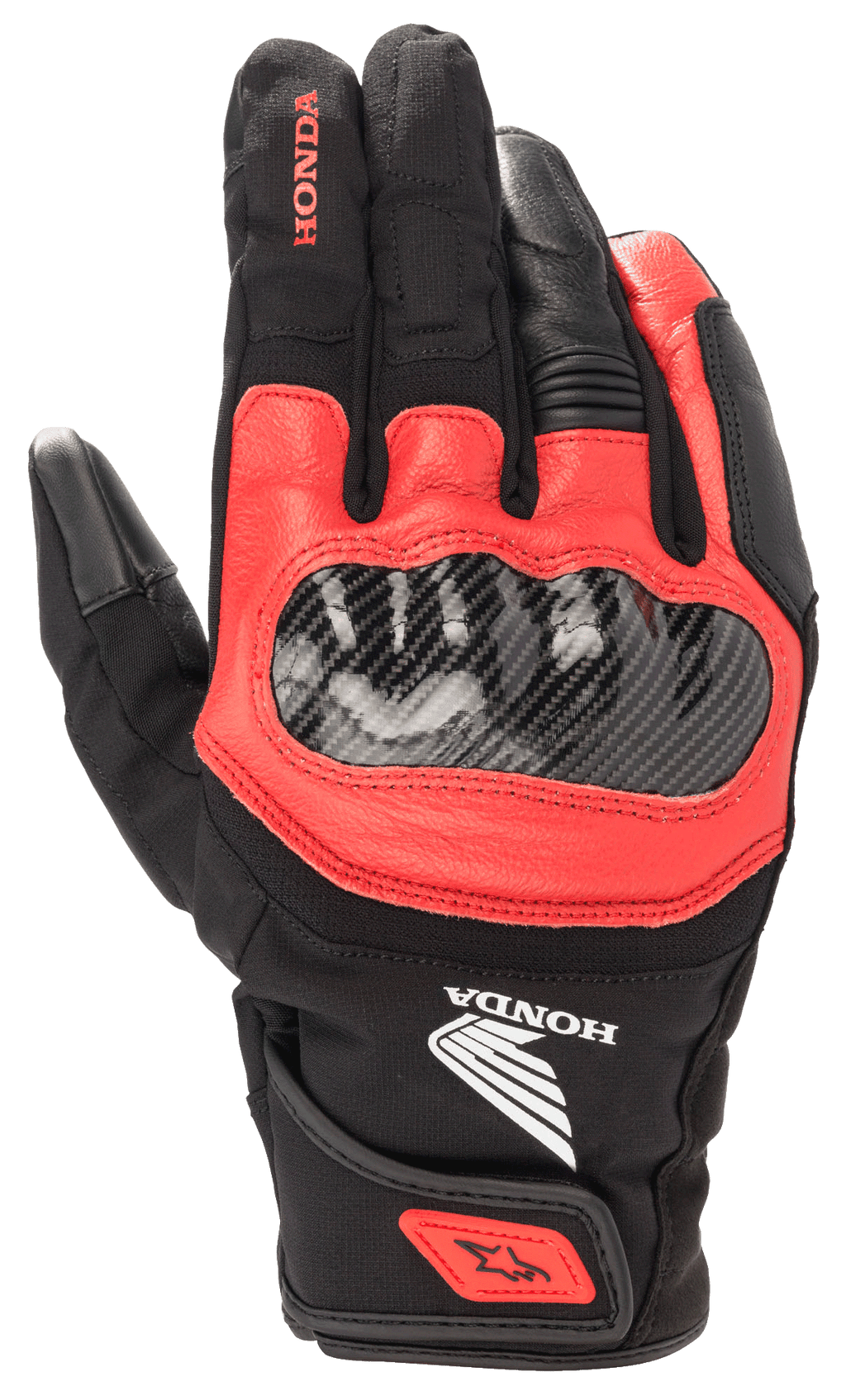 Guanto Honda SMX Z Drystar®, guanto da moto nero e rosso brillante, protezione nocche in fibra di carbonio, costruzione in pelle e tessuto, marchio Honda, protezione impermeabile, polsino corto con cinturino al polso