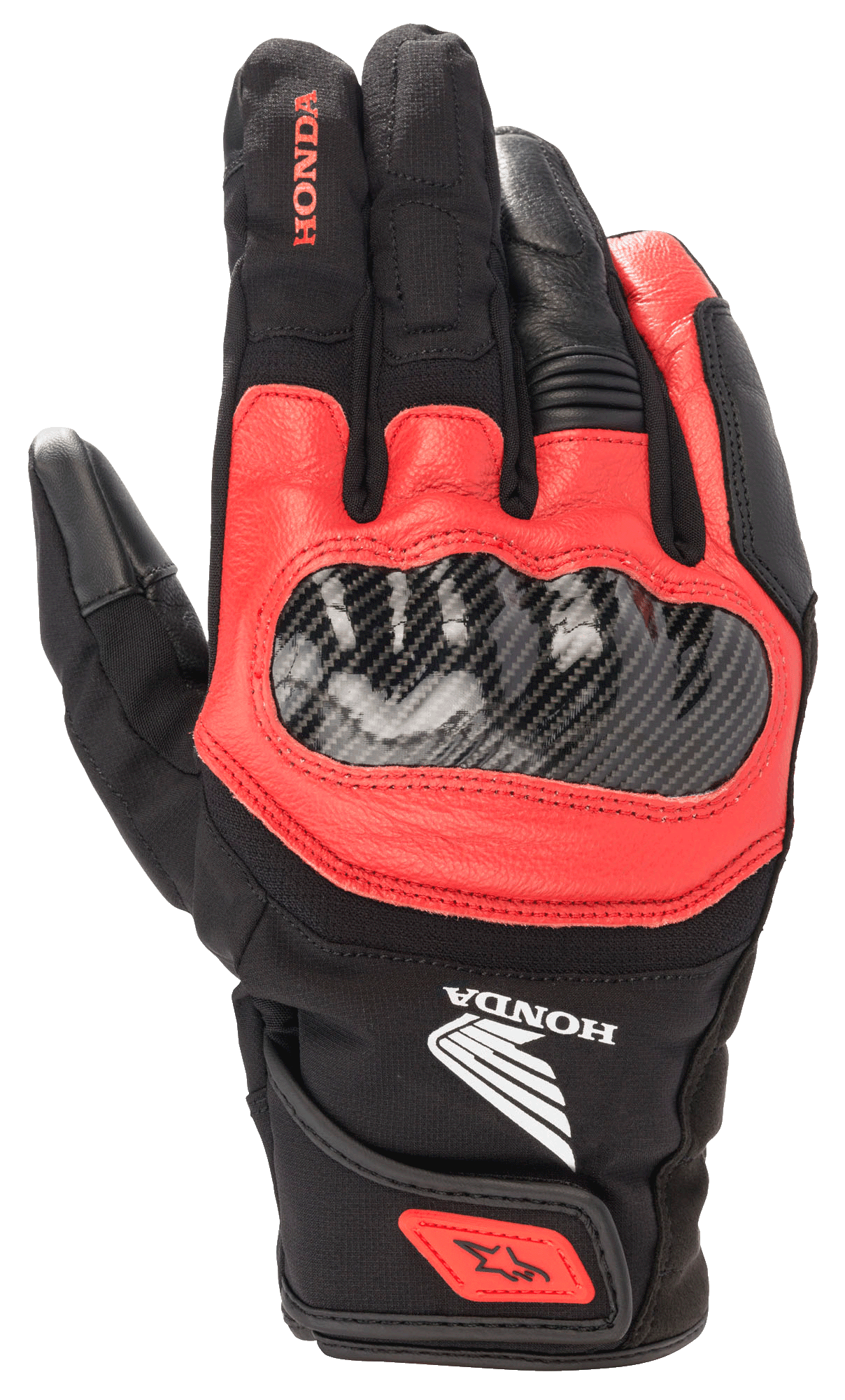 Guanto Honda SMX Z Drystar®, guanto da moto nero e rosso brillante, protezione nocche in fibra di carbonio, costruzione in pelle e tessuto, marchio Honda, protezione impermeabile, polsino corto con cinturino al polso