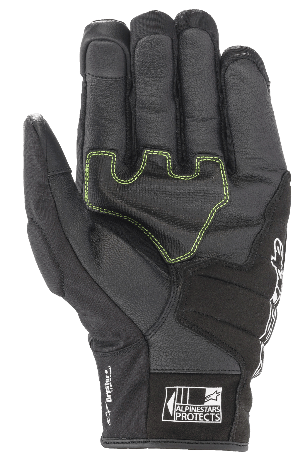Guanti Alpinestars SMX Z Drystar®, guanti da moto neri, vista del palmo con cuciture a contrasto verde neon su pelle rinforzata, marchio 'Drystar Performance' sul lato e logo 'Alpinestars Protects' sul polsino