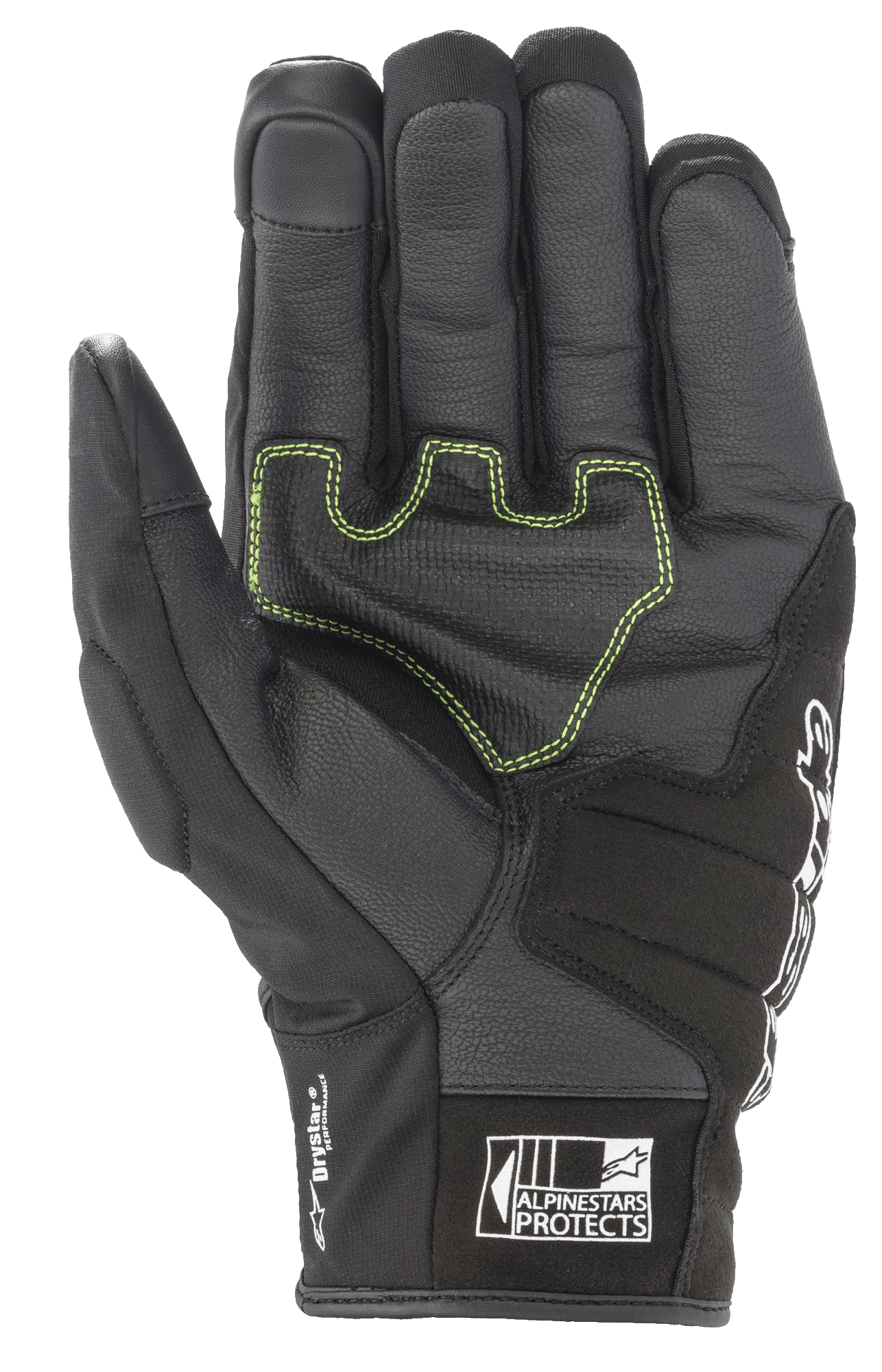 Guanti Alpinestars SMX Z Drystar®, guanti da moto neri, vista del palmo con cuciture a contrasto verde neon su pelle rinforzata, marchio 'Drystar Performance' sul lato e logo 'Alpinestars Protects' sul polsino