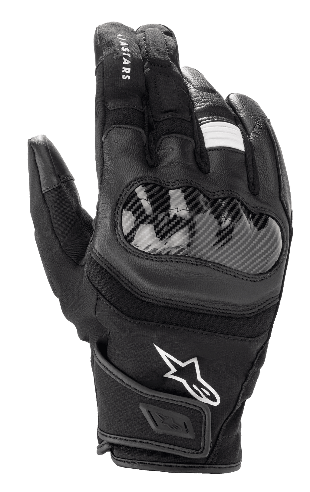 Guanti Alpinestars SMX Z Drystar®, guanti da moto a polsino corto, nero, con protezione rigida delle nocche look fibra di carbonio, struttura in pelle e tessuto, logo Alpinestars bianco e tecnologia Drystar® impermeabile