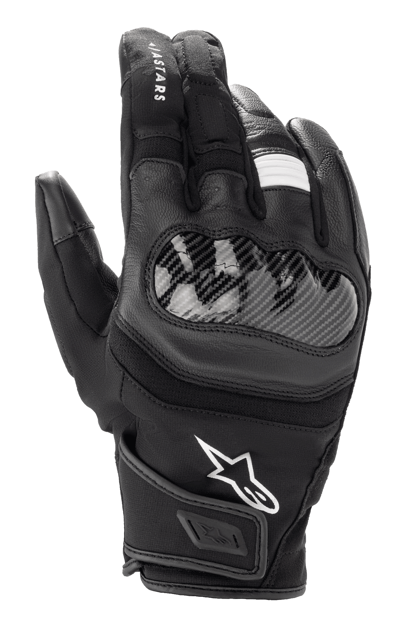 Guanti Alpinestars SMX Z Drystar®, guanti da moto a polsino corto, nero, con protezione rigida delle nocche look fibra di carbonio, struttura in pelle e tessuto, logo Alpinestars bianco e tecnologia Drystar® impermeabile