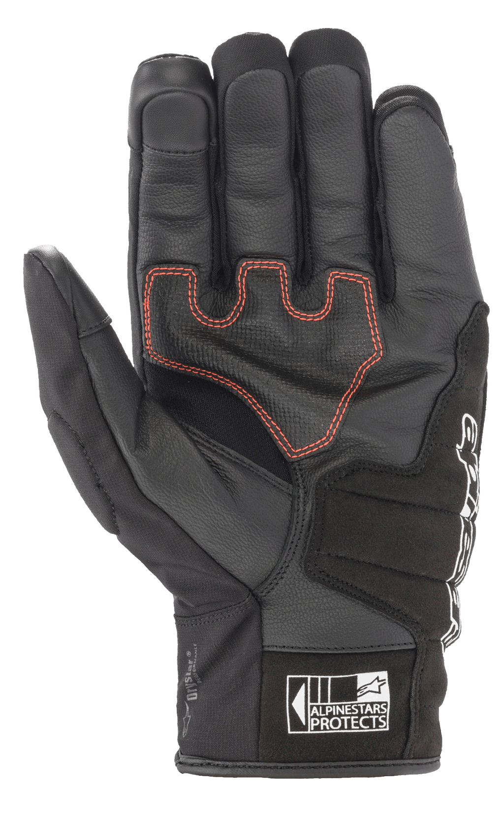 Guanti Alpinestars SMX Z Drystar®, guanti da moto a polsino corto, nero con cuciture rosse a contrasto, vista del palmo con costruzione in pelle e imbottitura rinforzata, logo Alpinestars Protects sul polsino