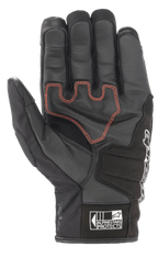 Guanti Alpinestars SMX Z Drystar®, guanti da moto a polsino corto, nero con cuciture rosse a contrasto, vista del palmo con costruzione in pelle e imbottitura rinforzata, logo Alpinestars Protects sul polsino