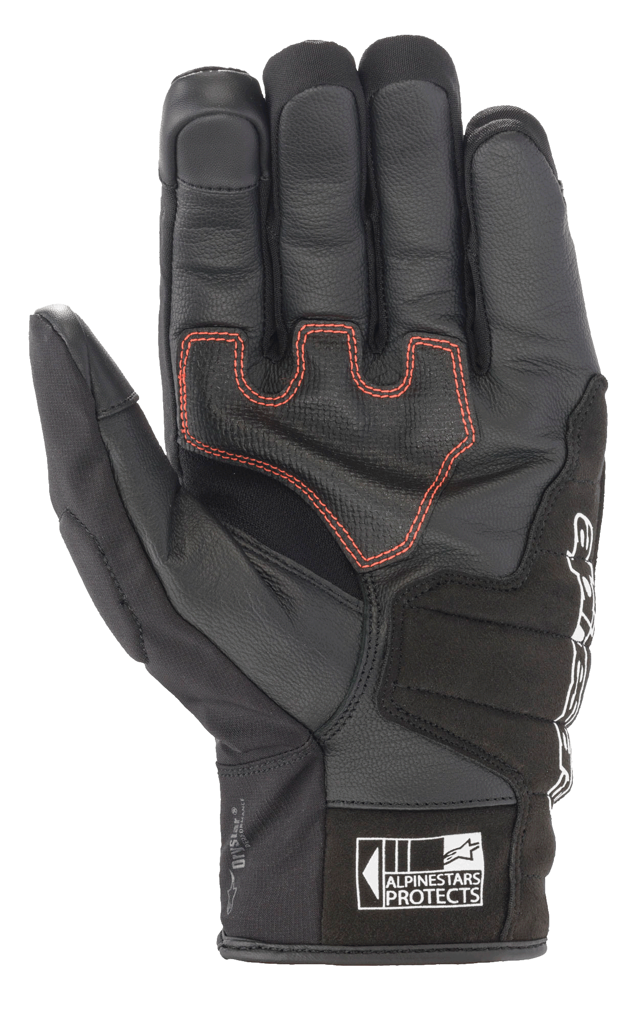 Guanti Alpinestars SMX Z Drystar®, guanti da moto a polsino corto, nero con cuciture rosse a contrasto, vista del palmo con costruzione in pelle e imbottitura rinforzata, logo Alpinestars Protects sul polsino