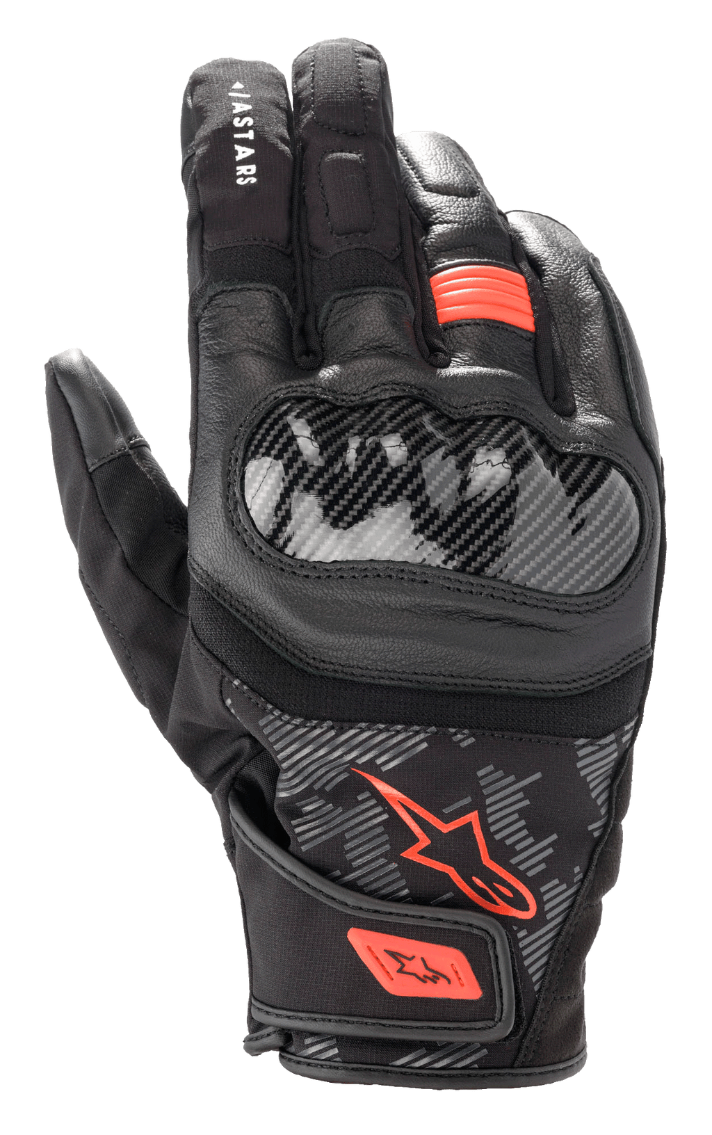 Guanti Alpinestars SMX Z Drystar®, guanti da moto, nero e rosso fluo, protezione nocche rigida in stile fibra di carbonio, costruzione in pelle e tessuto, design impermeabile a polsino corto