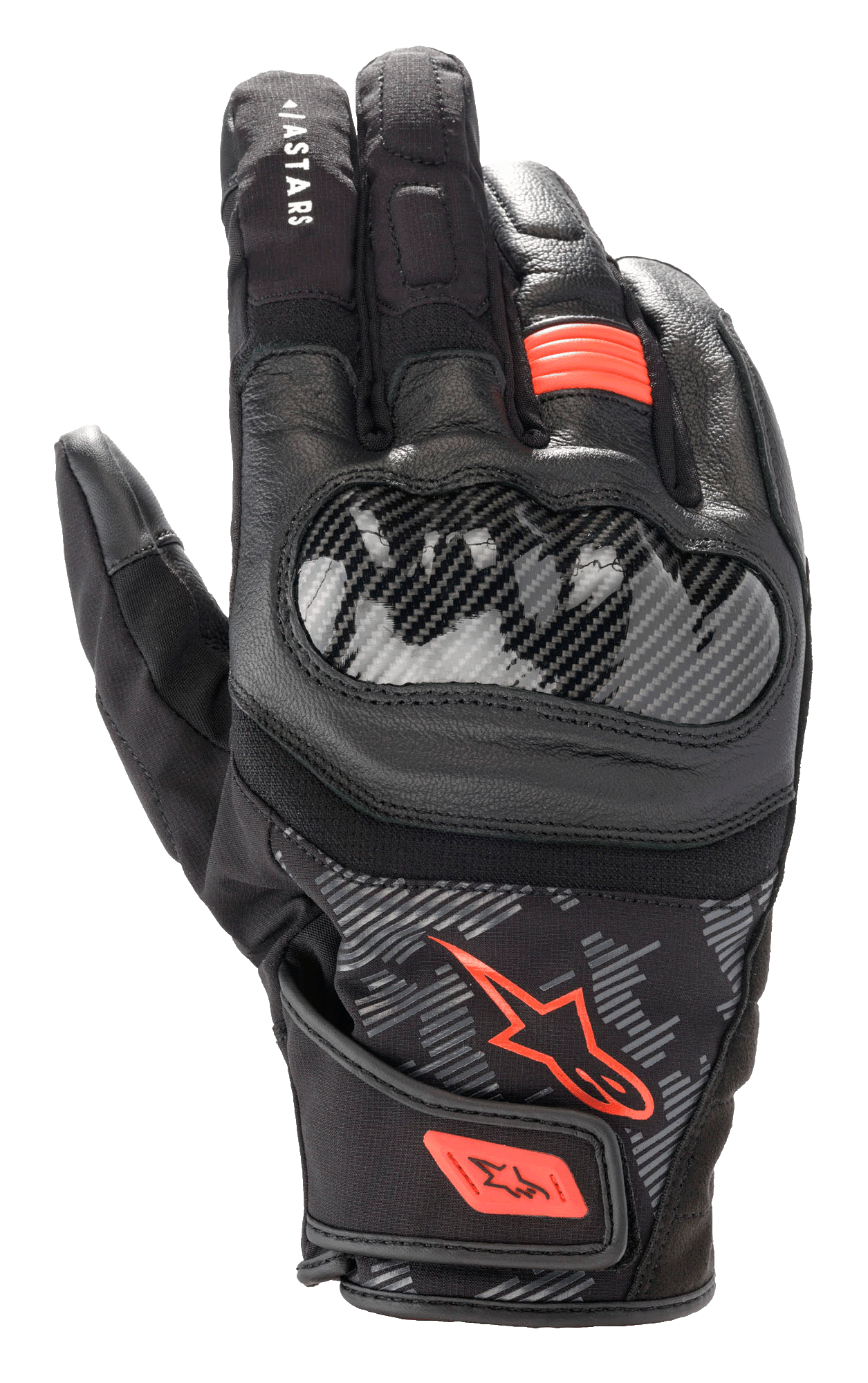 Guanti Alpinestars SMX Z Drystar®, guanti da moto, nero e rosso fluo, protezione nocche rigida in stile fibra di carbonio, costruzione in pelle e tessuto, design impermeabile a polsino corto