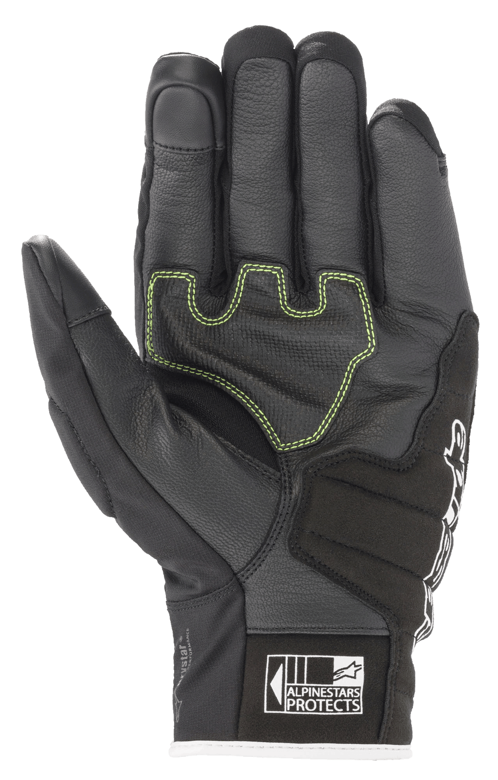 Guanti Alpinestars SMX Z Drystar®, guanti da moto, nero bianco rosso fluo, vista del palmo con pelle rinforzata, cuciture a contrasto verde lime e logo Alpinestars Protects sul polsino