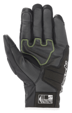Guanti Alpinestars SMX Z Drystar®, guanti da moto, nero bianco rosso fluo, vista del palmo con pelle rinforzata, cuciture a contrasto verde lime e logo Alpinestars Protects sul polsino