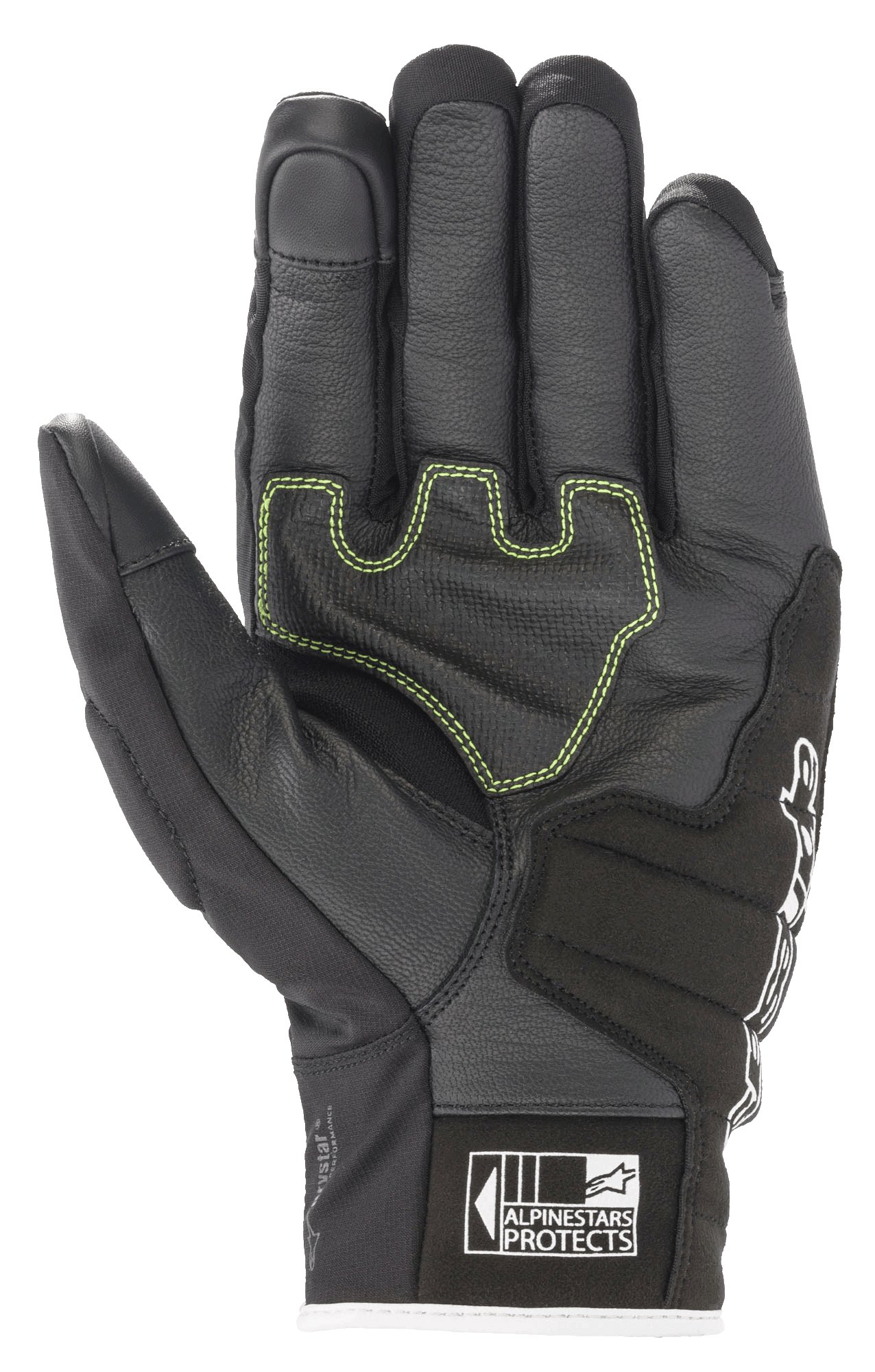 Guanti Alpinestars SMX Z Drystar®, guanti da moto, nero bianco rosso fluo, vista del palmo con pelle rinforzata, cuciture a contrasto verde lime e logo Alpinestars Protects sul polsino