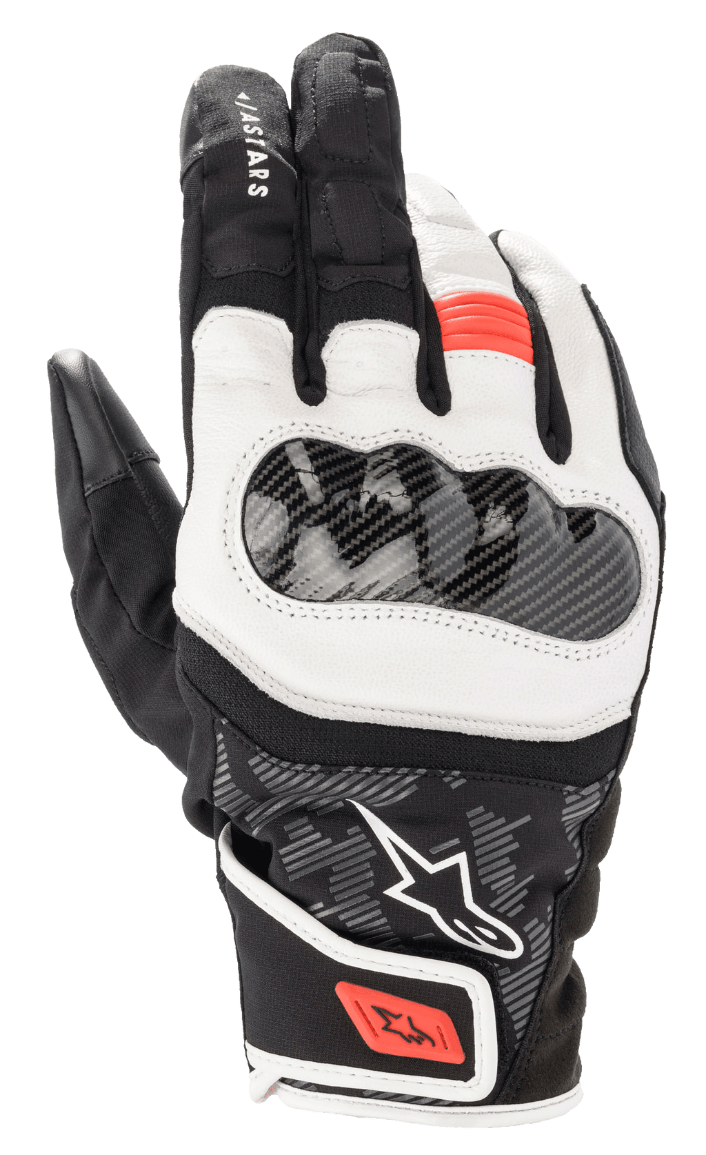 Alpinestars SMX Z Drystar Gloves, guanti da moto a polsino corto, nero, bianco e rosso fluo, con protezione nocche rigida in fibra di carbonio, inserti in morbida pelle bianca e dettagli rossi su dita e cinturino