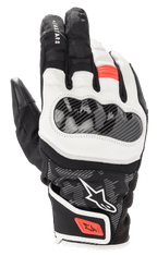 Alpinestars SMX Z Drystar Gloves, guanti da moto a polsino corto, nero, bianco e rosso fluo, con protezione nocche rigida in fibra di carbonio, inserti in morbida pelle bianca e dettagli rossi su dita e cinturino