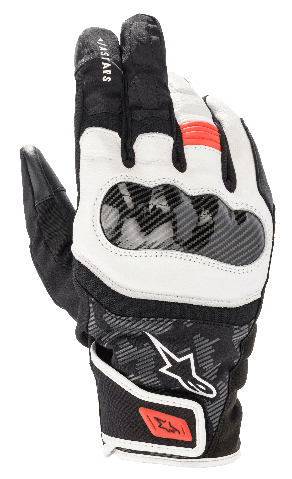 Alpinestars SMX Z Drystar Gloves, guanti da moto a polsino corto, nero, bianco e rosso fluo, con protezione nocche rigida in fibra di carbonio, inserti in morbida pelle bianca e dettagli rossi su dita e cinturino