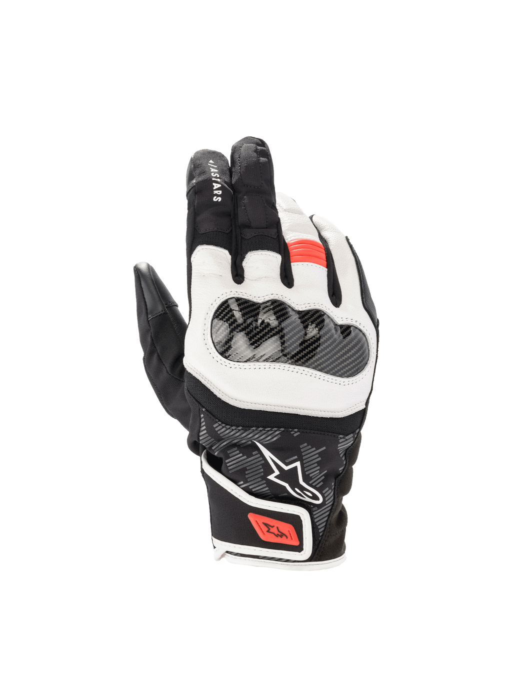Guanti SMX Z Drystar® Alpinestars, guanti moto sportivi uomo, nero bianco e rosso fluo, pelle, protezione nocche rigida.