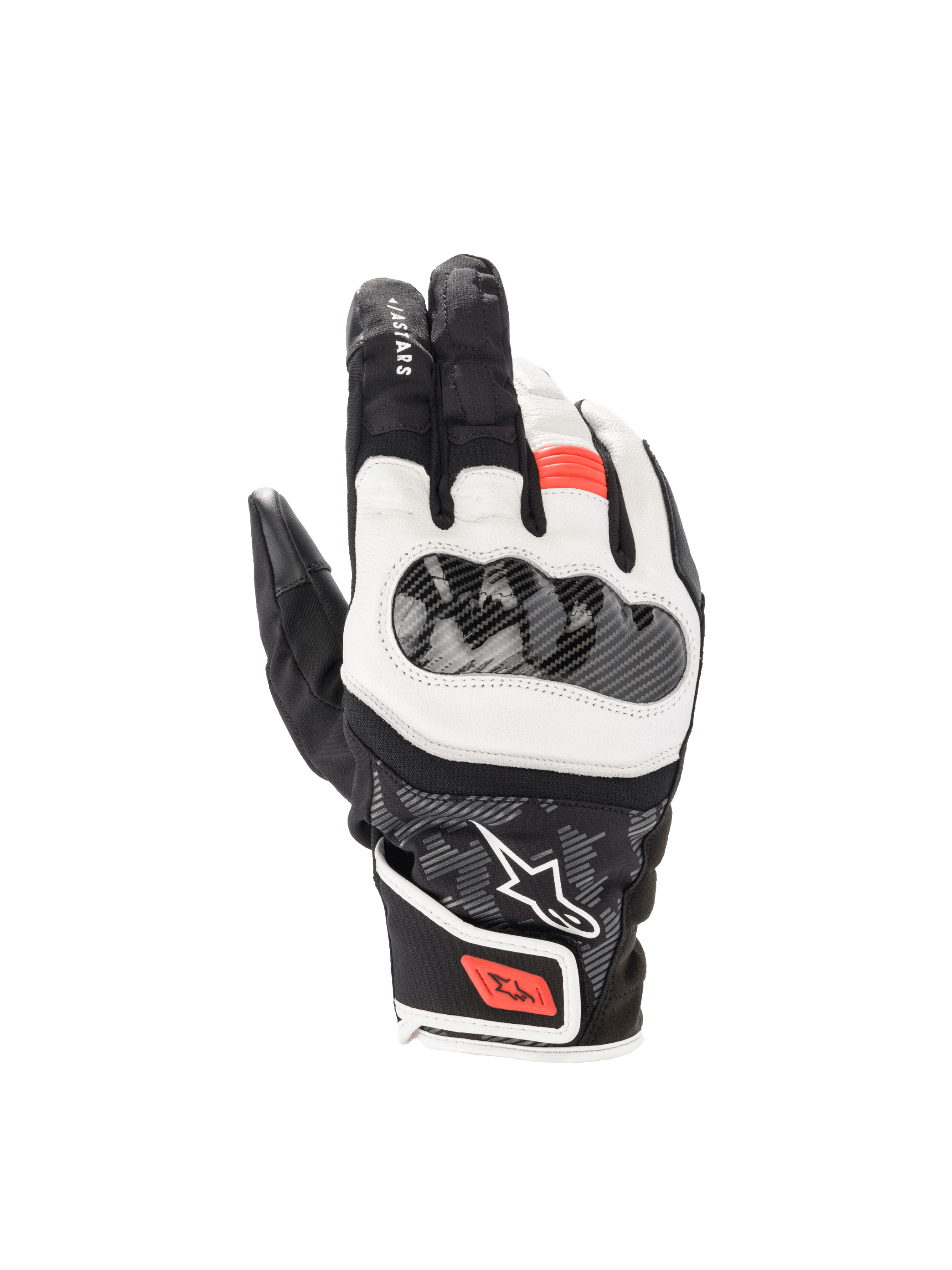 Guanti SMX Z Drystar® Alpinestars, guanti moto sportivi uomo, nero bianco e rosso fluo, pelle, protezione nocche rigida.