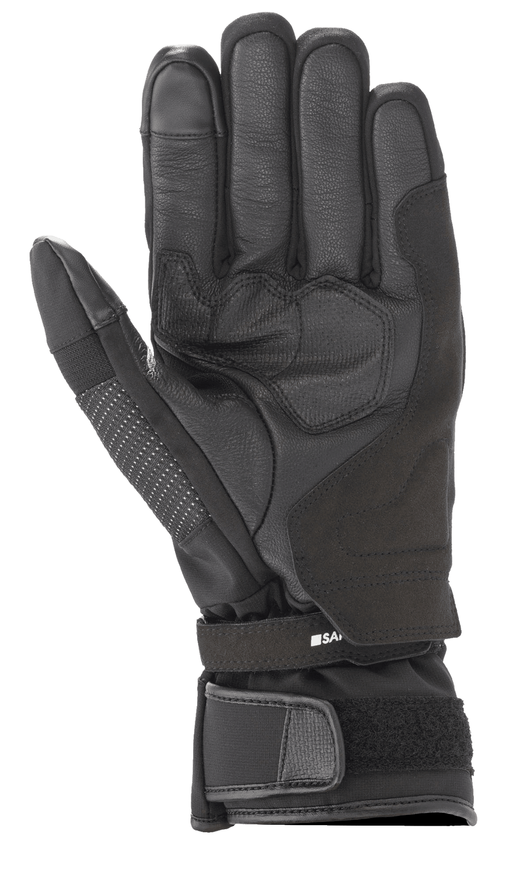 Alpinestars Andes V3 Drystar® Glove, guanto da moto nero, vista del palmo con struttura in pelle di capra e tessuto, palmo rinforzato, cinturino regolabile con chiusura in velcro sul polsino, design tecnico da touring per ogni condizione climatica