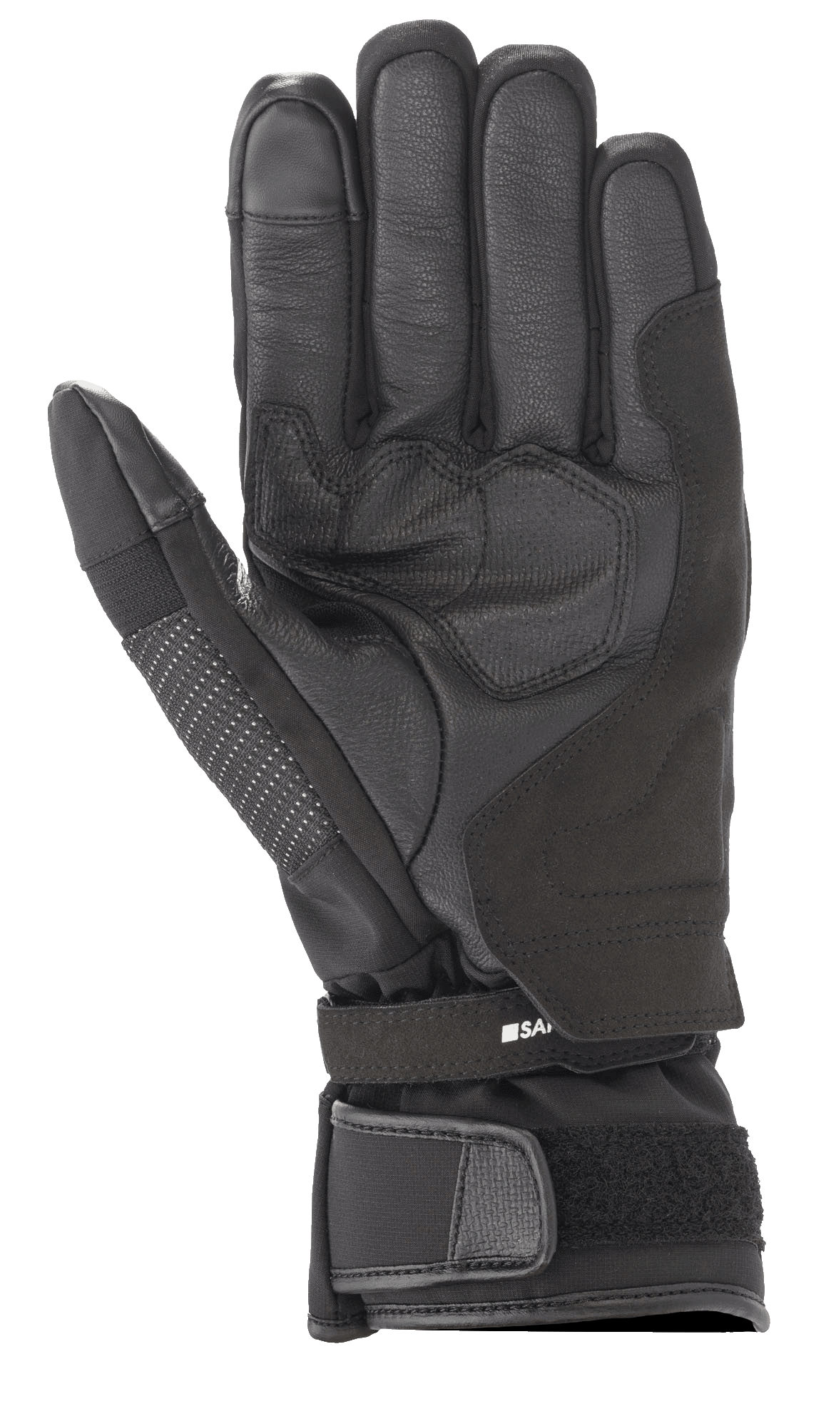 Alpinestars Andes V3 Drystar® Glove, guanto da moto nero, vista del palmo con struttura in pelle di capra e tessuto, palmo rinforzato, cinturino regolabile con chiusura in velcro sul polsino, design tecnico da touring per ogni condizione climatica