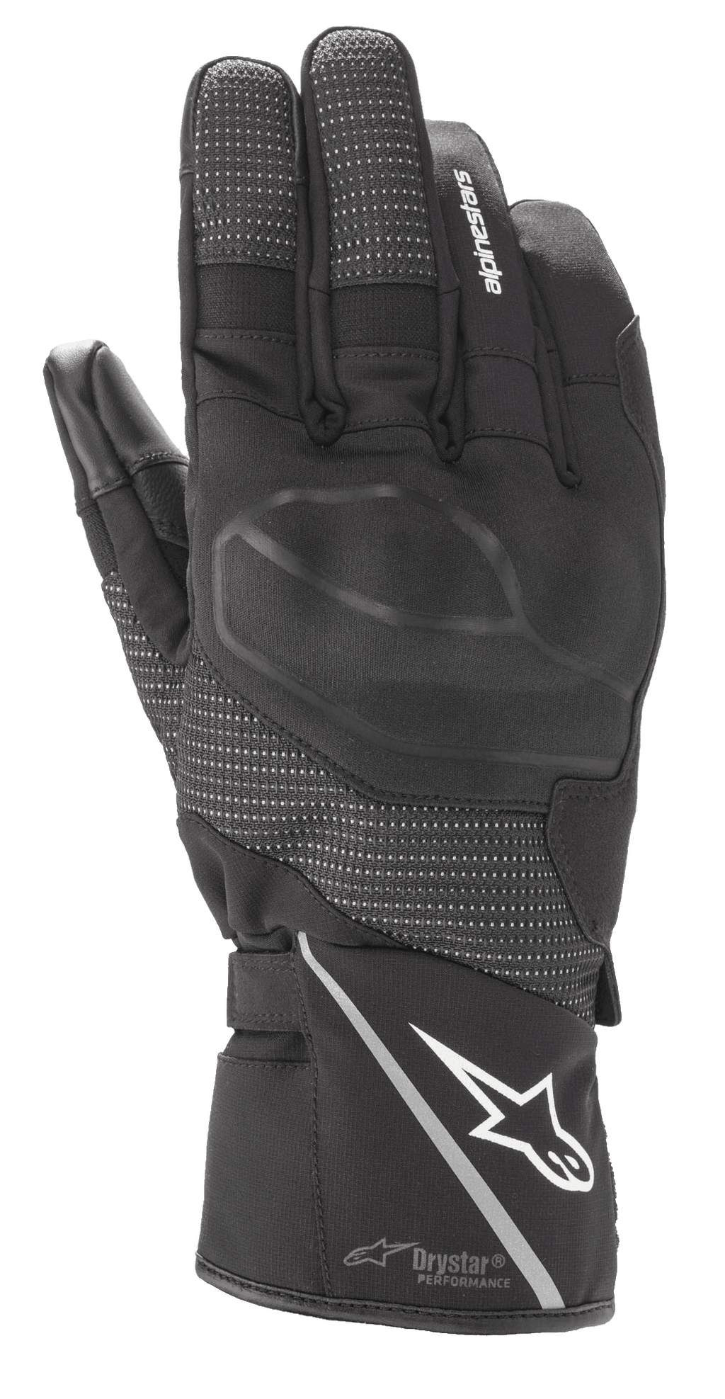 Alpinestars Andes V3 Drystar Glove, guanto da moto touring nero, costruzione in pelle di capra e tessuto, con protezione nocche integrata, logo Alpinestars bianco sul polsino con striscia riflettente, pannelli dita testurizzati e tecnologia Drystar Performance