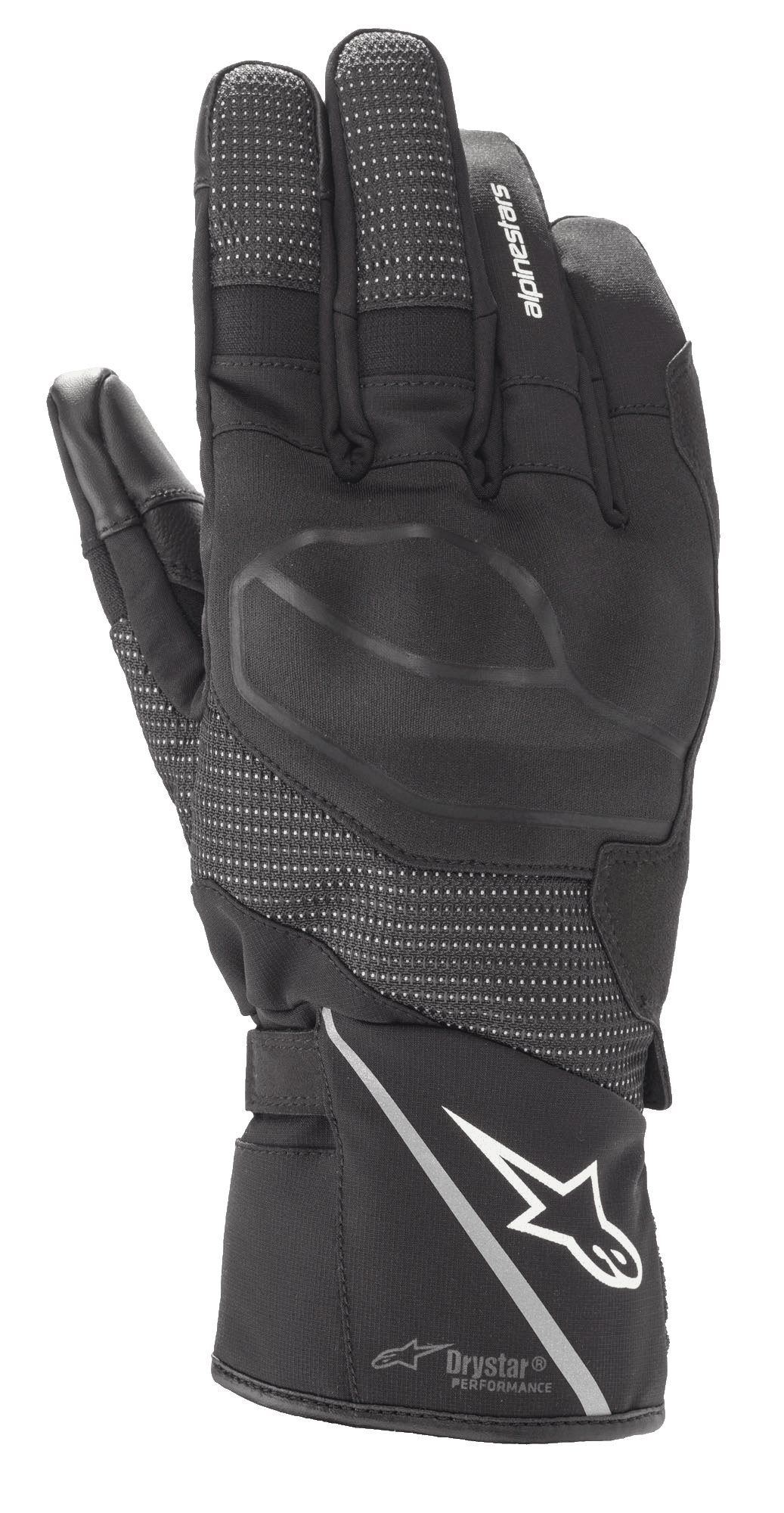 Alpinestars Andes V3 Drystar Glove, guanto da moto touring nero, costruzione in pelle di capra e tessuto, con protezione nocche integrata, logo Alpinestars bianco sul polsino con striscia riflettente, pannelli dita testurizzati e tecnologia Drystar Performance