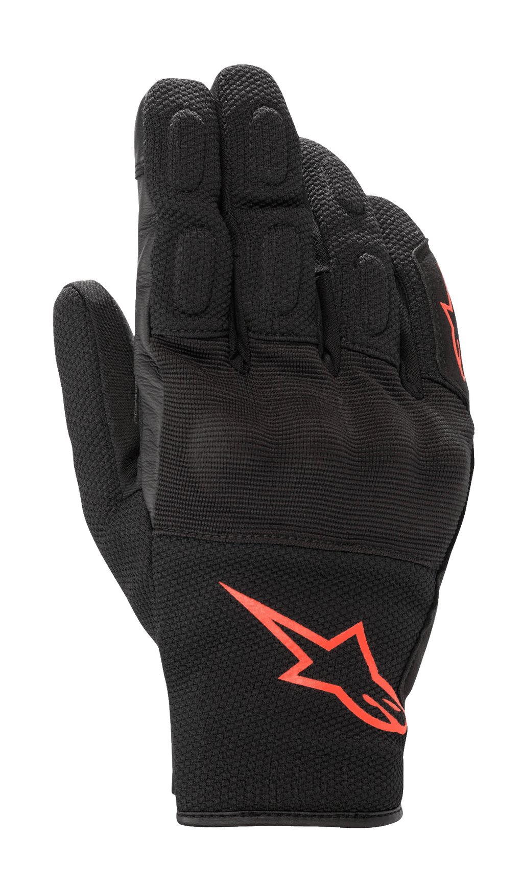 Guanti Alpinestars S-Max Drystar, guanti da moto a polsino corto, nero con logo rosso fluorescente, realizzati in mesh elasticizzato e pelle, con protezione nocche rigida e dita imbottite