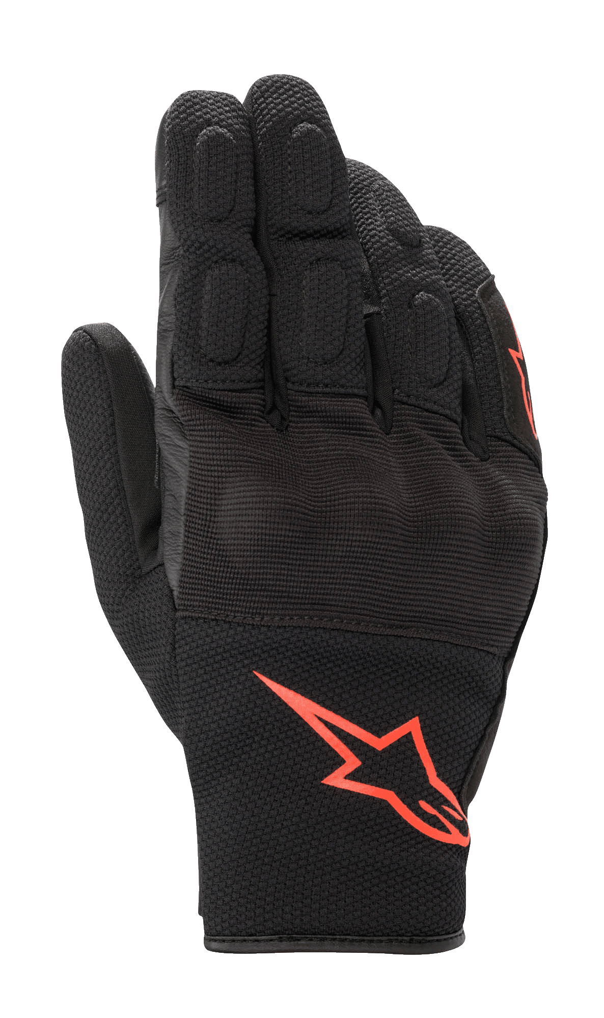 Guanti Alpinestars S-Max Drystar, guanti da moto a polsino corto, nero con logo rosso fluorescente, realizzati in mesh elasticizzato e pelle, con protezione nocche rigida e dita imbottite