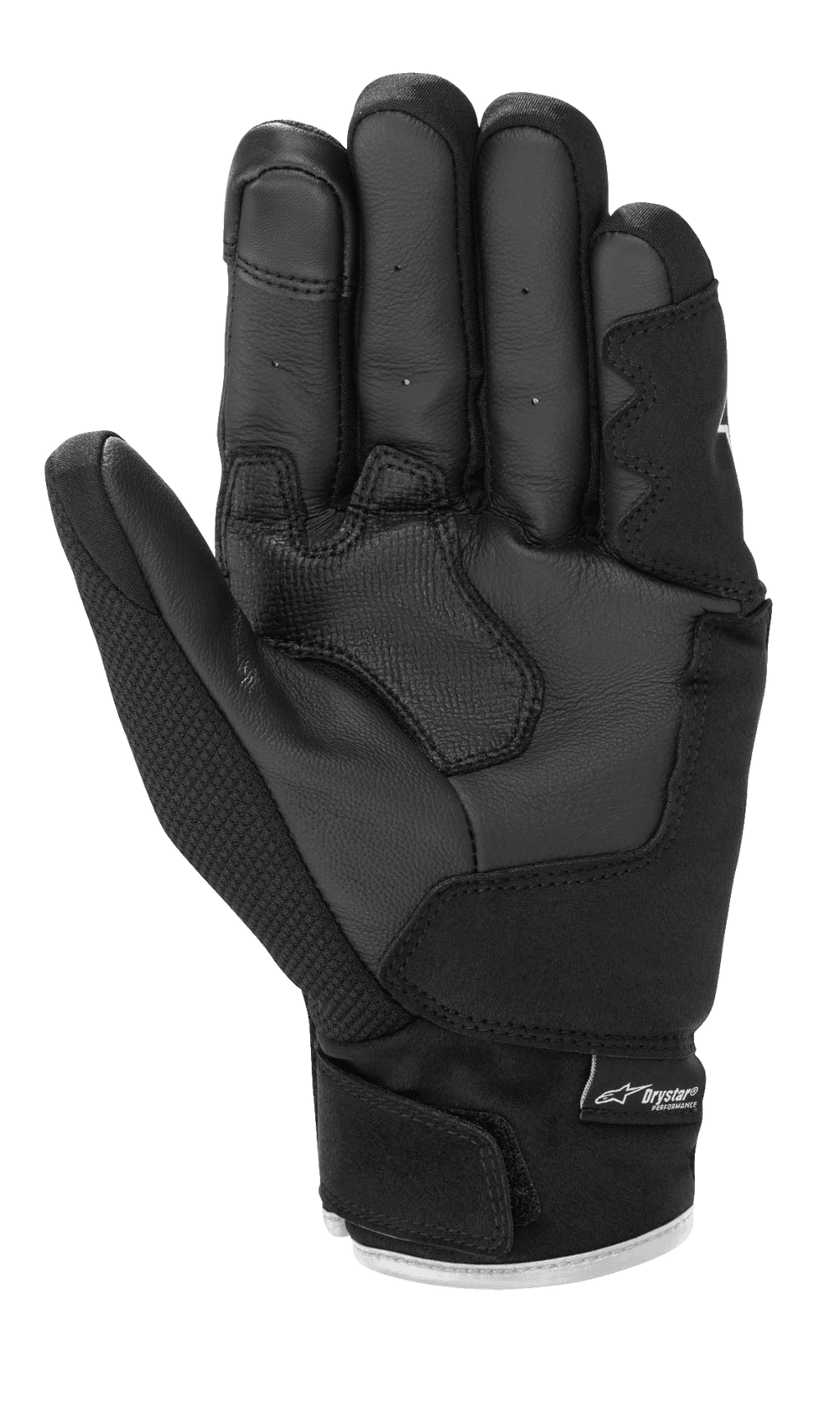 Guanti Alpinestars S-Max Drystar®, guanti da moto, nero e bianco, vista del palmo con costruzione in pelle e imbottitura rinforzata, polsino corto con chiusura a strappo e logo Drystar®