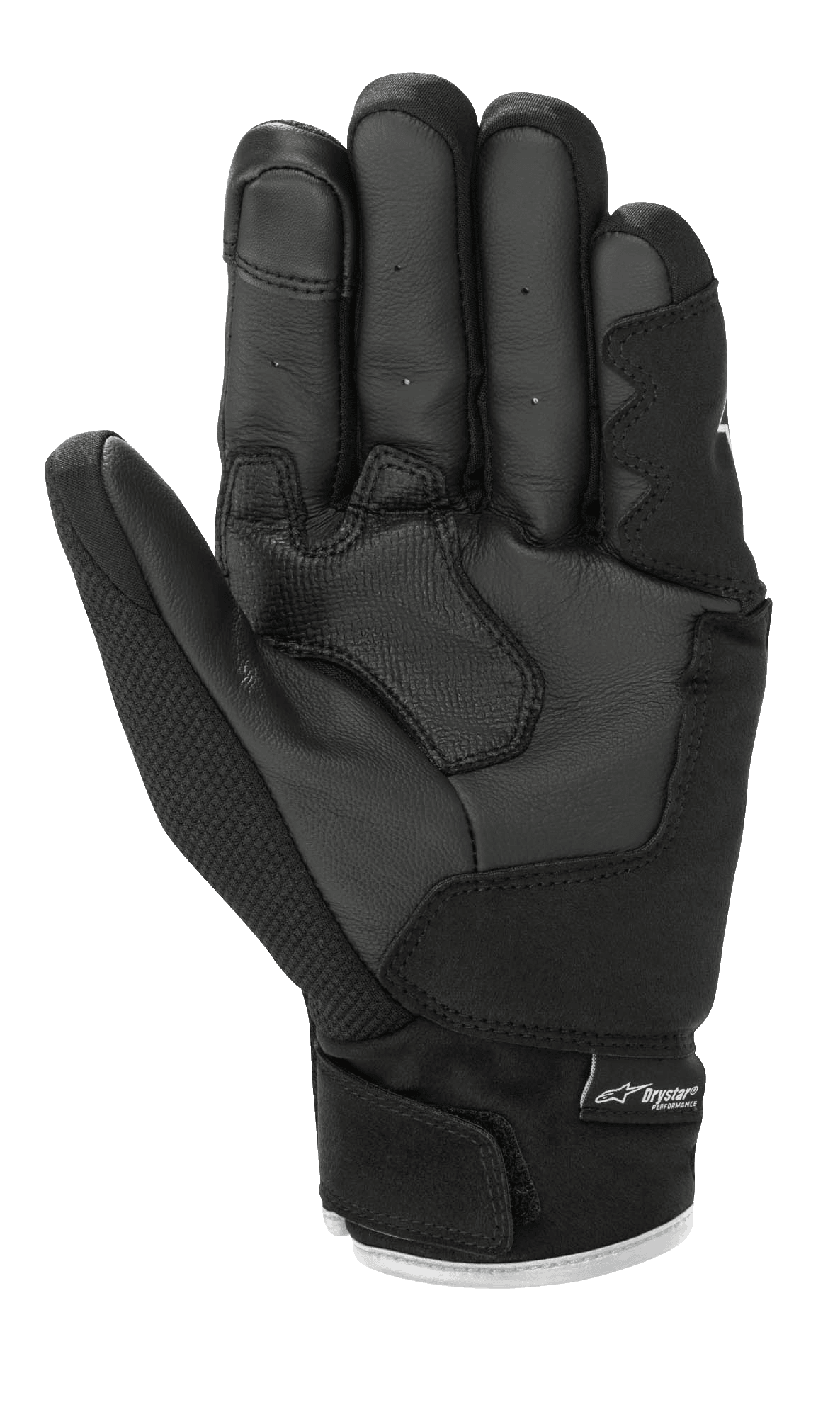 Guanti Alpinestars S-Max Drystar®, guanti da moto, nero e bianco, vista del palmo con costruzione in pelle e imbottitura rinforzata, polsino corto con chiusura a strappo e logo Drystar®