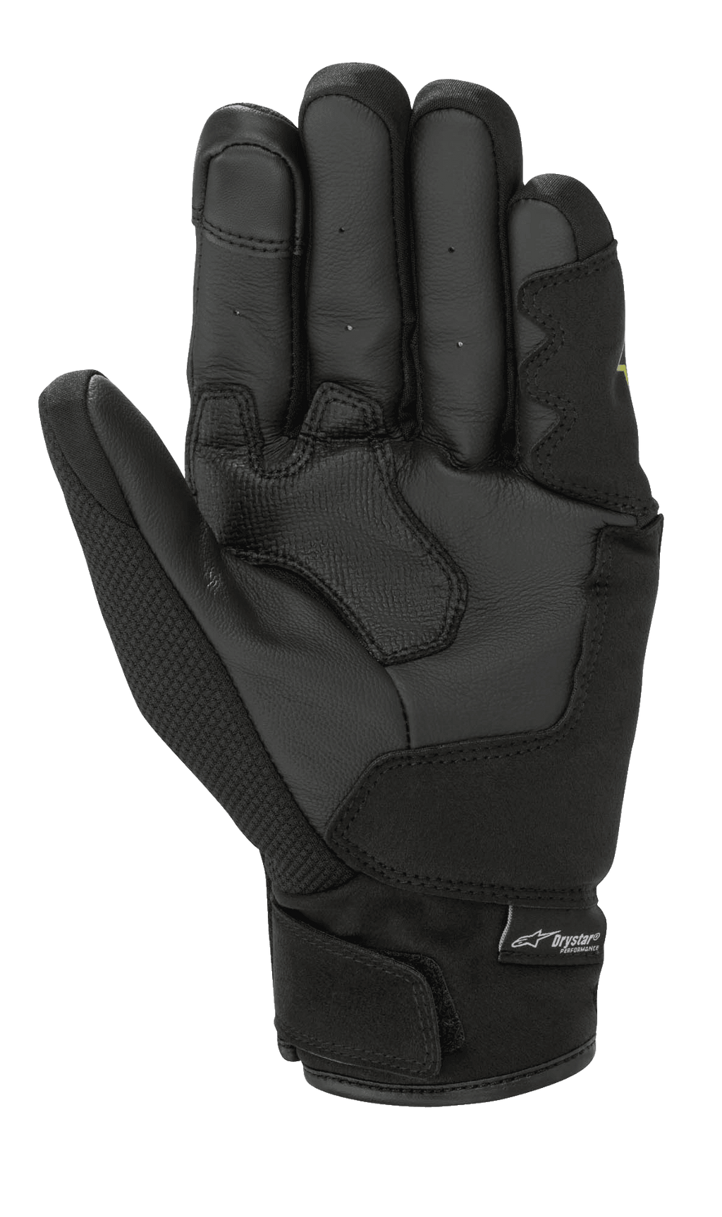 Guanti Alpinestars S-Max Drystar®, nero, vista del palmo con pannelli in pelle rinforzata, pollice in tessuto e chiusura del polso a strappo con etichetta logo Drystar® Performance