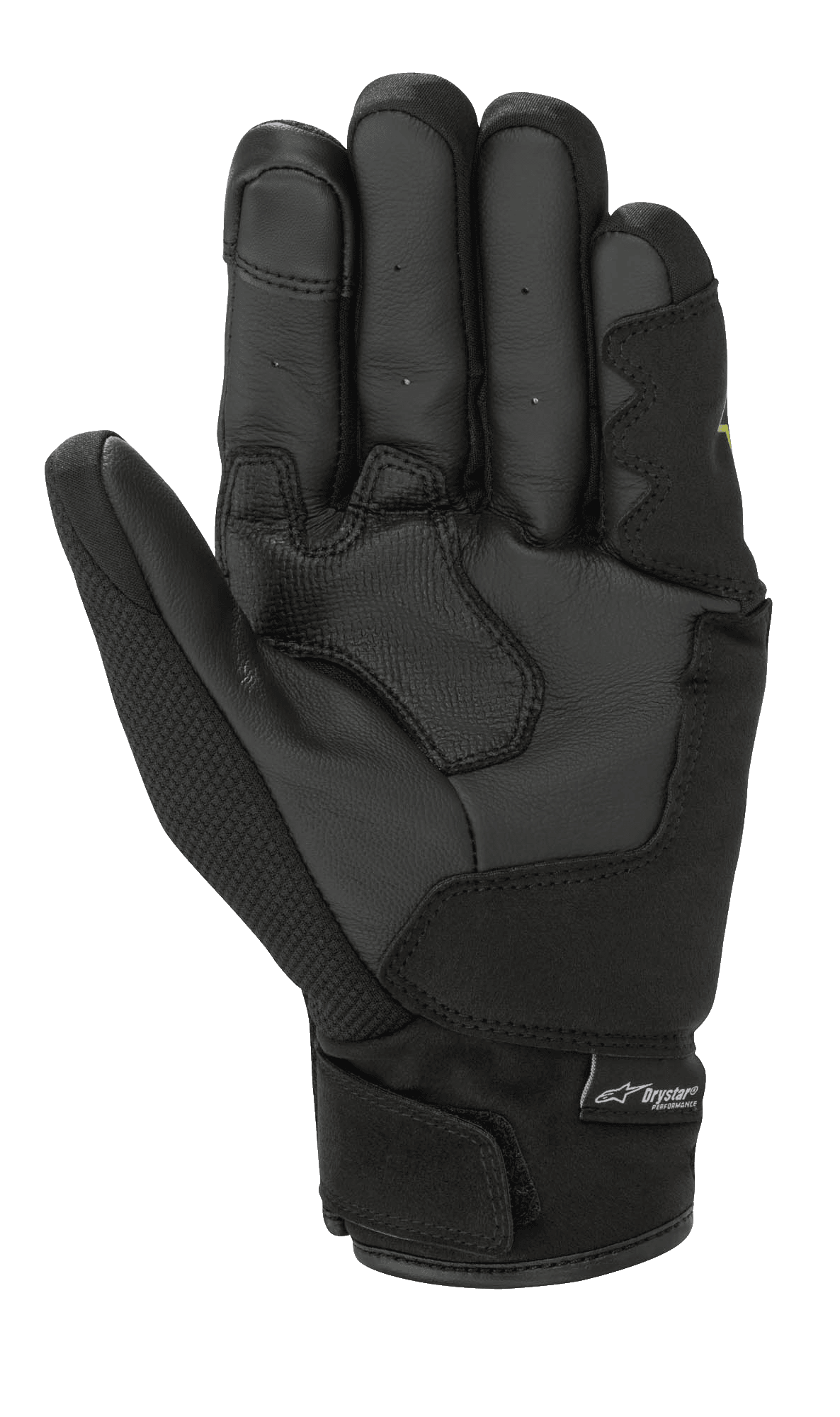 Guanti Alpinestars S-Max Drystar®, nero, vista del palmo con pannelli in pelle rinforzata, pollice in tessuto e chiusura del polso a strappo con etichetta logo Drystar® Performance