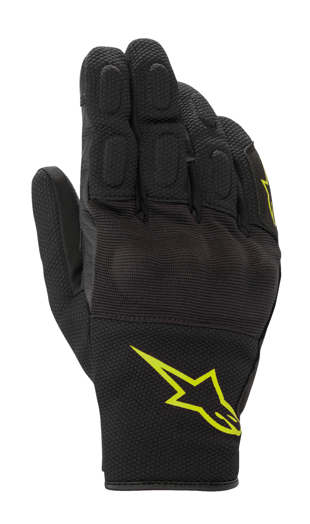 Guanti Alpinestars S-Max Drystar, guanti sportivi da moto, nero con logo giallo fluorescente, design a polsino corto con protezione rigida per le nocche coperta e pannelli in mesh elasticizzato, struttura impermeabile e traspirante per la guida su strada