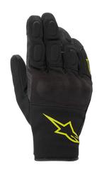 Guanti Alpinestars S-Max Drystar, guanti sportivi da moto, nero con logo giallo fluorescente, design a polsino corto con protezione rigida per le nocche coperta e pannelli in mesh elasticizzato, struttura impermeabile e traspirante per la guida su strada