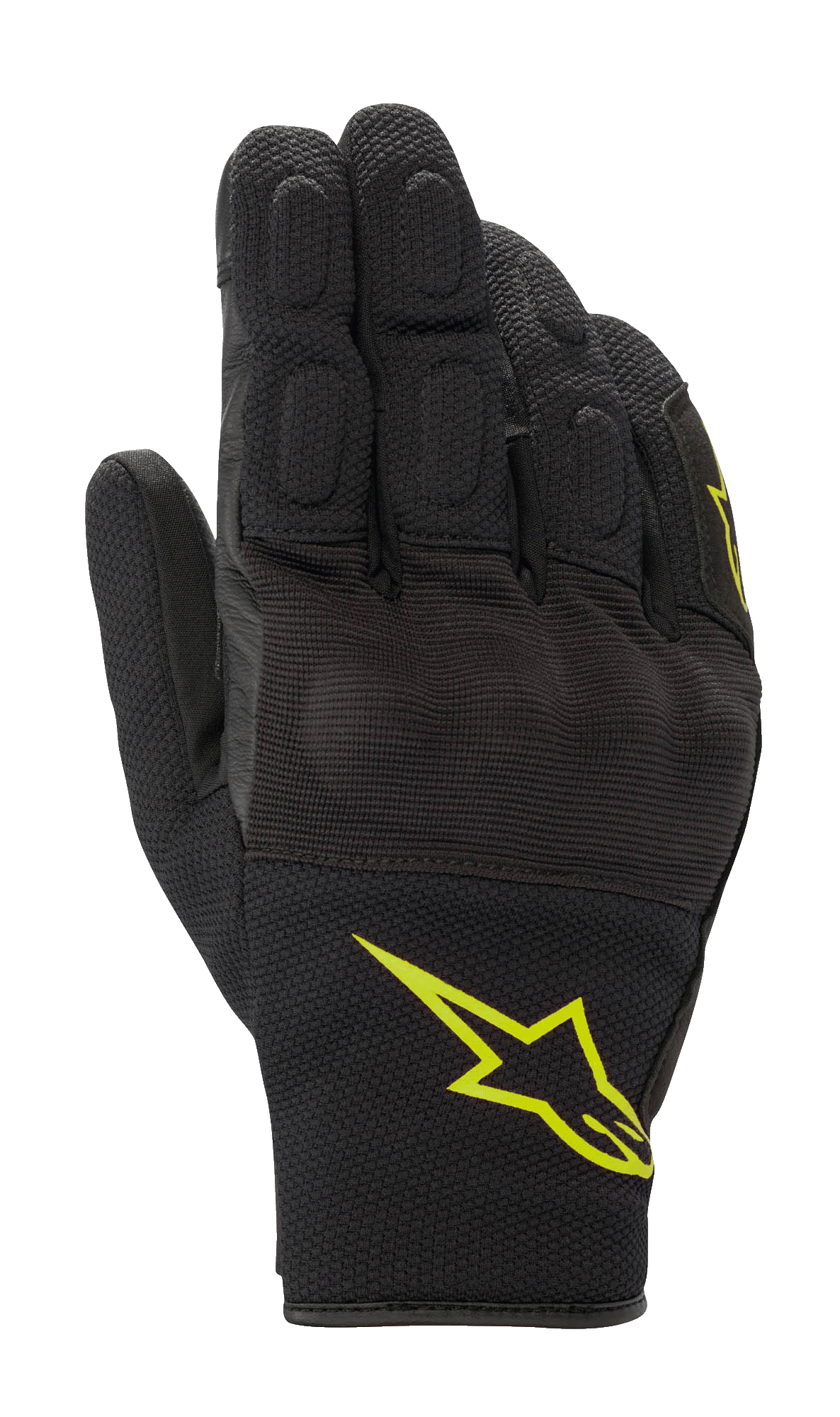 Guanti Alpinestars S-Max Drystar, guanti sportivi da moto, nero con logo giallo fluorescente, design a polsino corto con protezione rigida per le nocche coperta e pannelli in mesh elasticizzato, struttura impermeabile e traspirante per la guida su strada