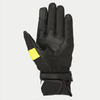 Guanti Alpinestars T-SP W Drystar®, Nero e Giallo Fluo, vista del palmo che mostra la costruzione in pelle caprina con accenti giallo fluorescente sul pollice, punta delle dita compatibile con touchscreen e doppia chiusura del polso con velcro.