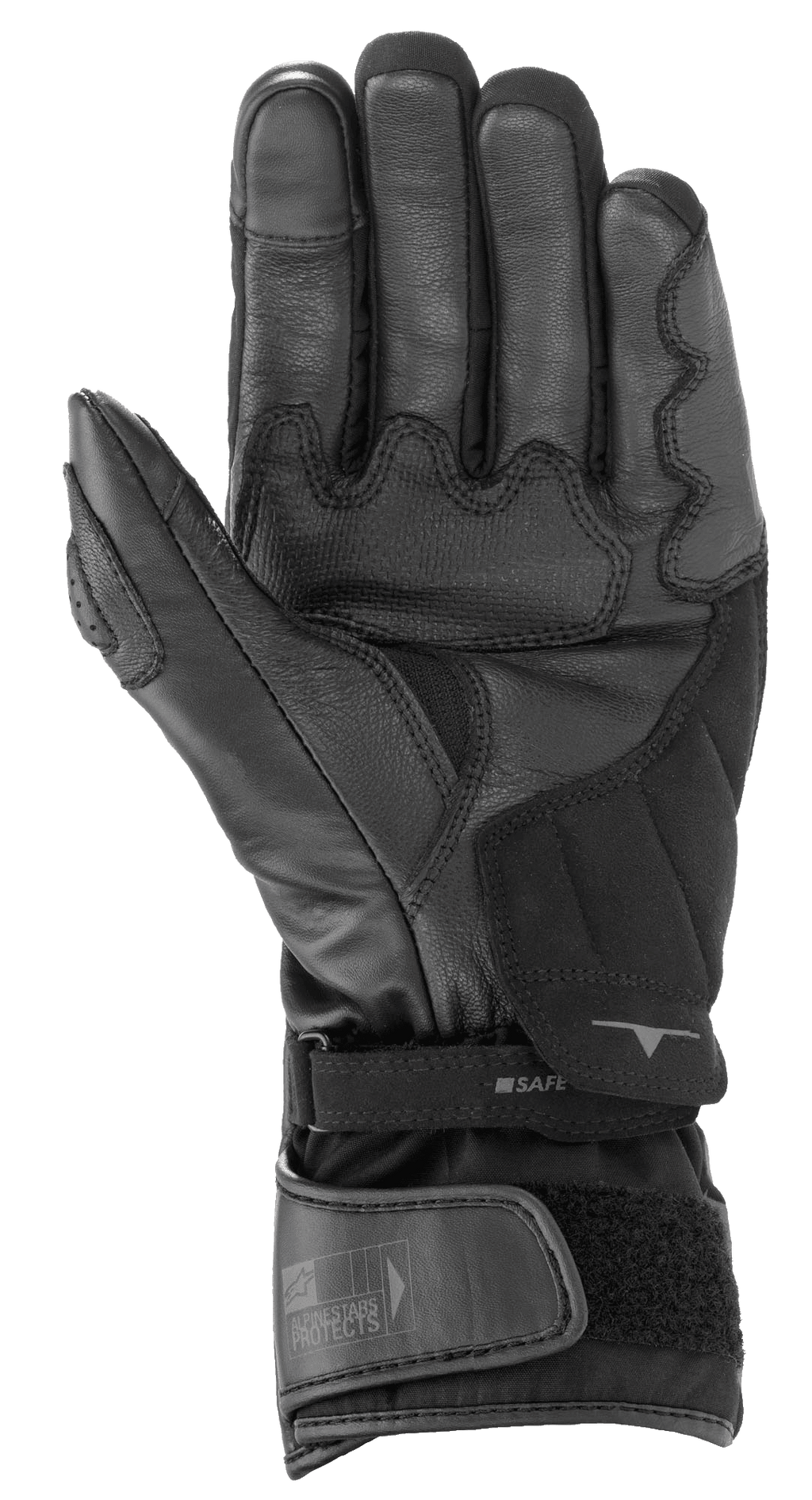 Guanti Alpinestars SP-365 Drystar®, nero e grigio antracite, vista del palmo con struttura in pelle rinforzata e scamosciata sintetica, guanti da moto impermeabili con chiusura regolabile sul polso