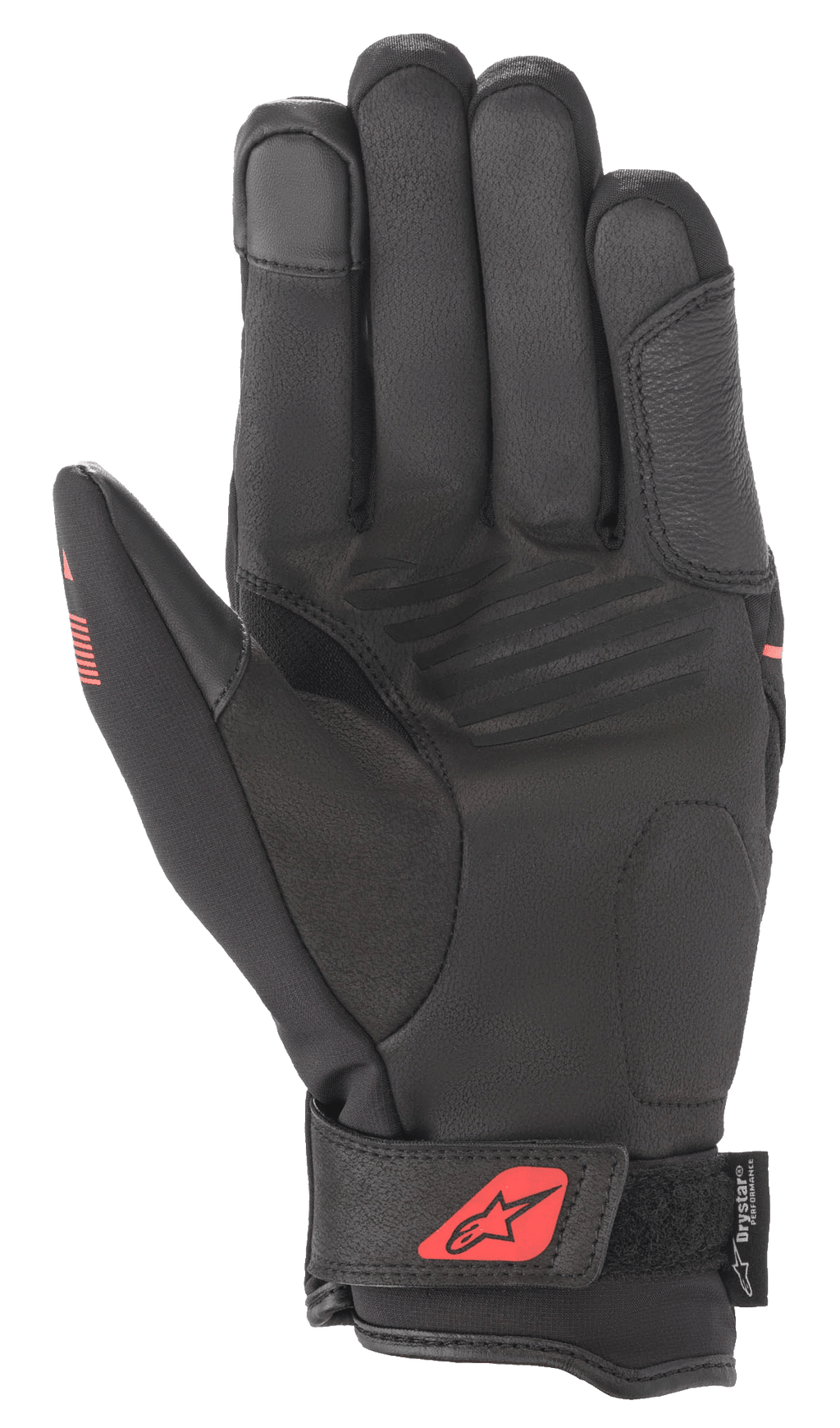 Guanti Alpinestars Syncro V2 Drystar®, nero e rosso fluo, vista del palmo con struttura in pelle scamosciata sintetica, palmo imbottito per protezione, cinturino regolabile sul polso con logo rosso e marchio Drystar®