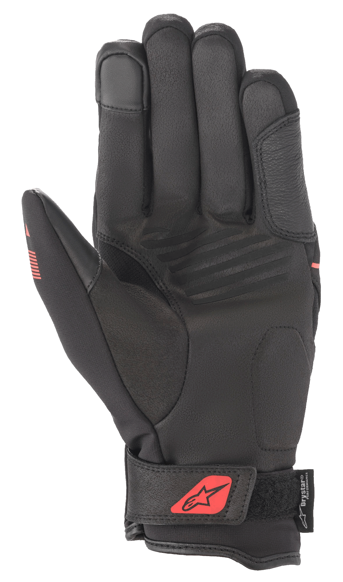 Guanti Alpinestars Syncro V2 Drystar®, nero e rosso fluo, vista del palmo con struttura in pelle scamosciata sintetica, palmo imbottito per protezione, cinturino regolabile sul polso con logo rosso e marchio Drystar®