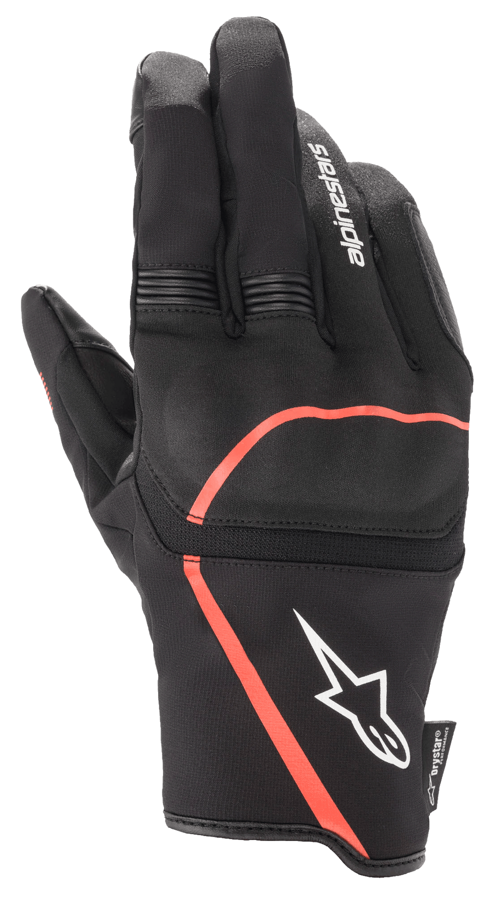 Guanti Alpinestars Syncro V2 Drystar®, guanti da moto urban, nero con accenti rosso fluo, protezione flessibile sulle nocche, logo Alpinestars bianco sul polsino, pannelli elasticizzati a fisarmonica sulle dita, design impermeabile e traspirante.