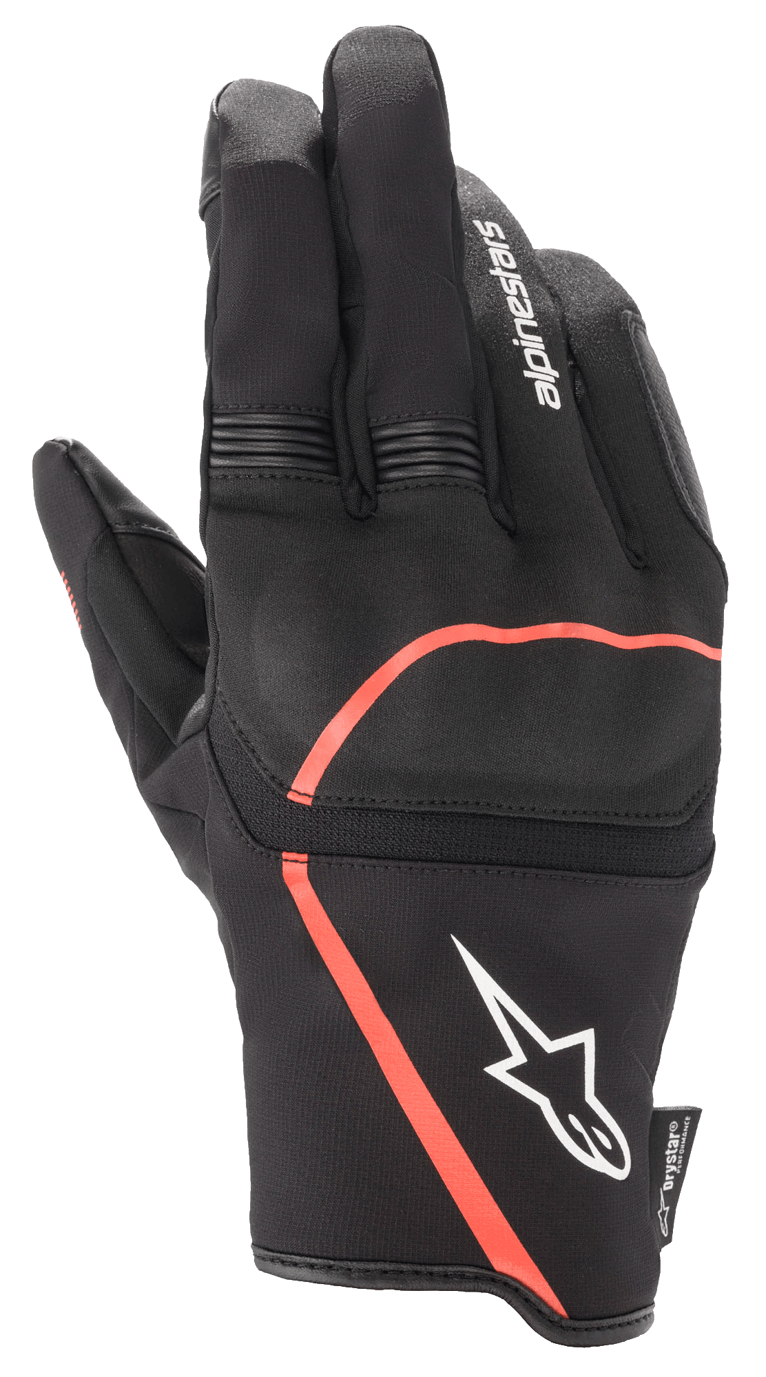 Guanti Alpinestars Syncro V2 Drystar®, guanti da moto urban, nero con accenti rosso fluo, protezione flessibile sulle nocche, logo Alpinestars bianco sul polsino, pannelli elasticizzati a fisarmonica sulle dita, design impermeabile e traspirante.