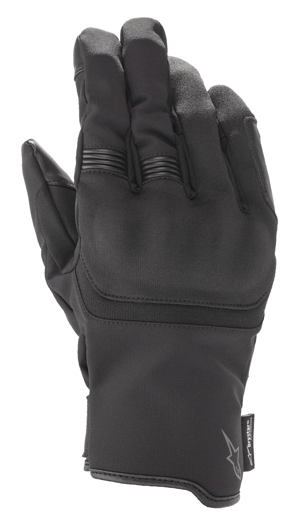 Guanti Alpinestars Syncro V2 Drystar®, guanti da moto neri con protezione integrata delle nocche e nervature sulle dita, realizzati in scamosciato sintetico e tessuto, abbigliamento impermeabile per uso urbano con logo Alpinestars ed etichetta Drystar