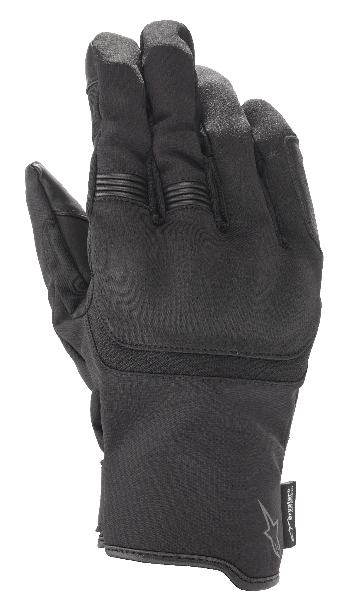 Guanti Alpinestars Syncro V2 Drystar®, guanti da moto neri con protezione integrata delle nocche e nervature sulle dita, realizzati in scamosciato sintetico e tessuto, abbigliamento impermeabile per uso urbano con logo Alpinestars ed etichetta Drystar