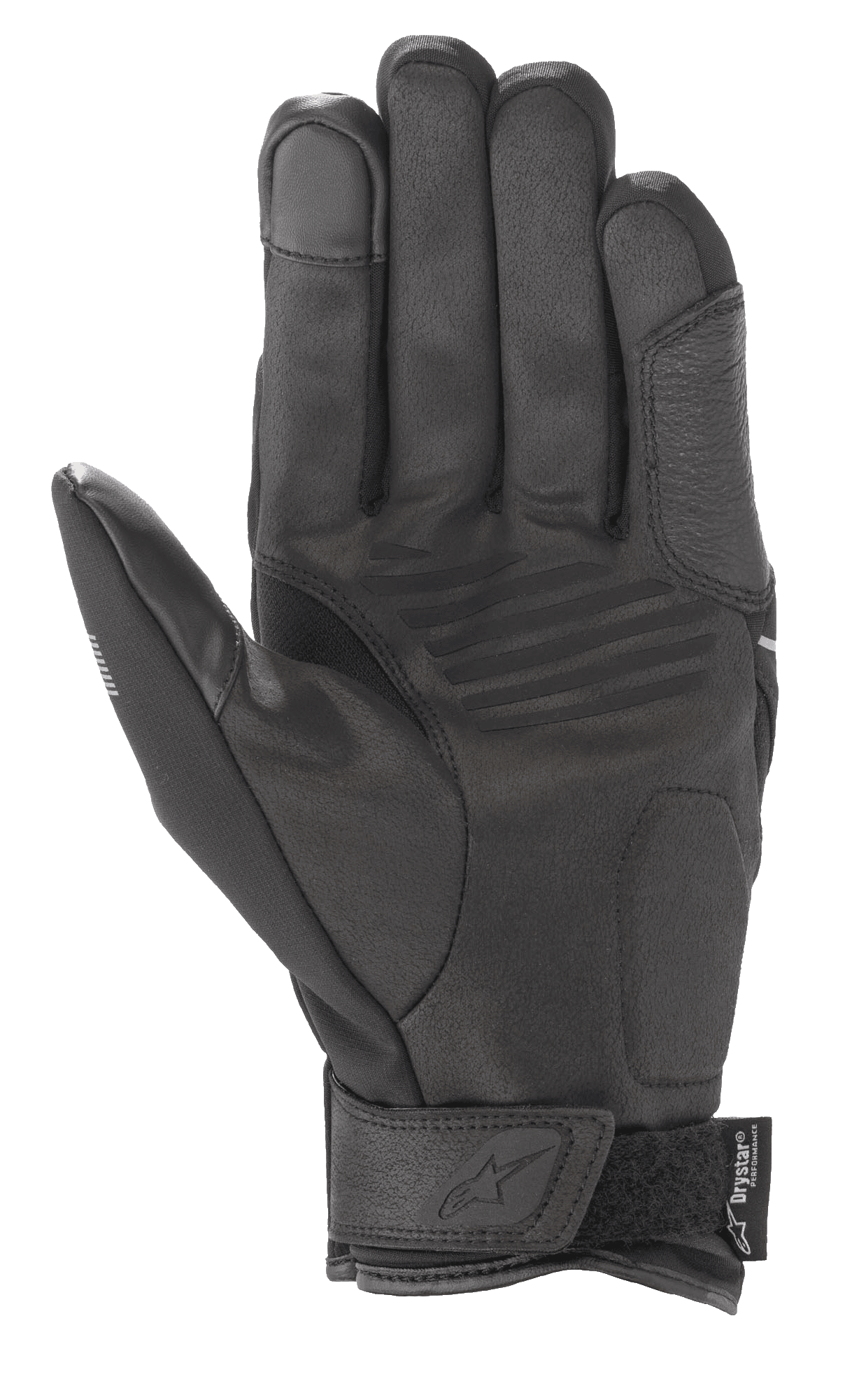 Guanti Alpinestars Syncro V2 Drystar®, guanti da moto urban, Nero Grigio Medio, vista del palmo con costruzione in pelle scamosciata sintetica, rinforzi imbottiti, punta del dito compatibile con touchscreen e cinturino in velcro sul polso con marchio Alpinestars.