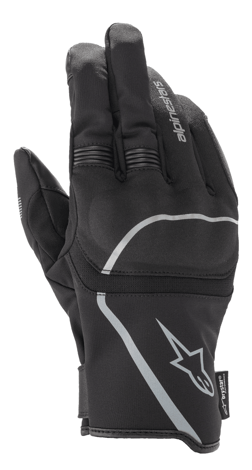 Guanti Alpinestars Syncro V2 Drystar®, guanti da moto urban, nero e grigio medio, vista del dorso con struttura in tessuto e protezione delle nocche viscoelastica, design impermeabile e traspirante con dettagli riflettenti