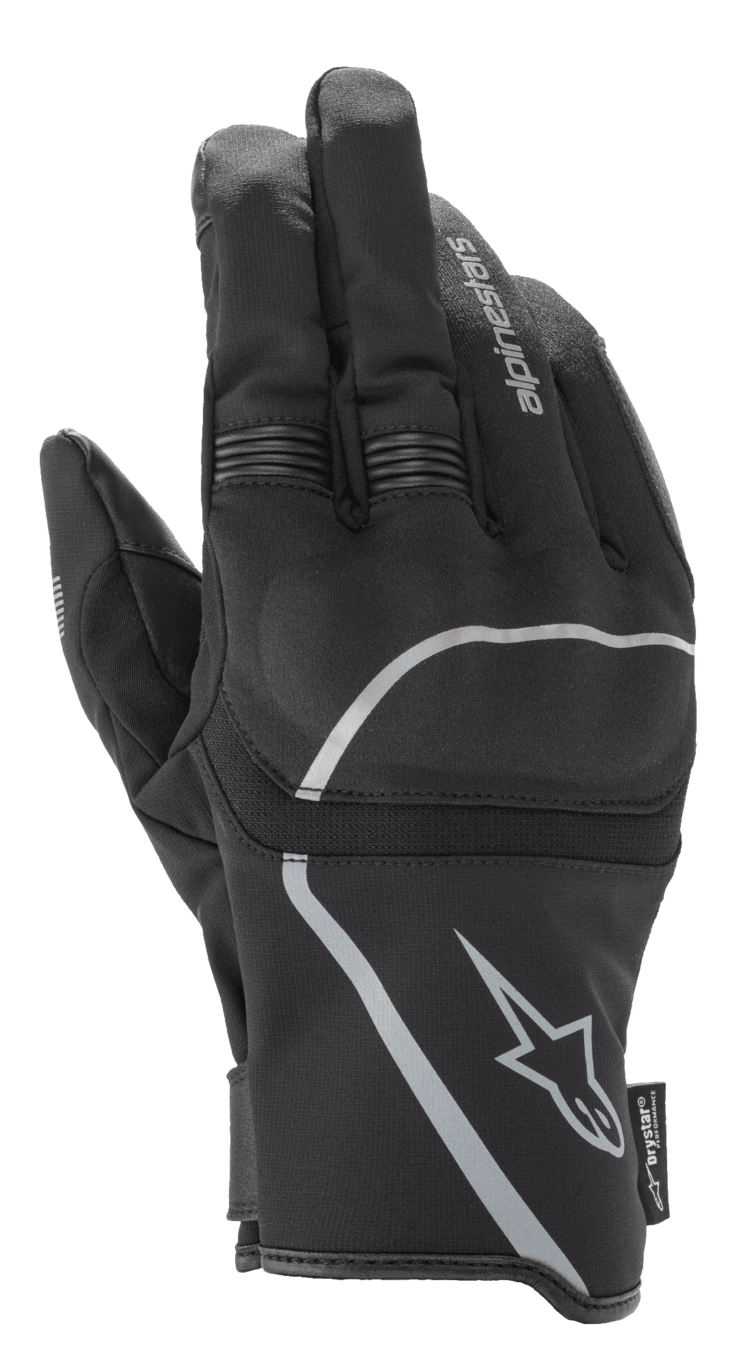 Guanti Alpinestars Syncro V2 Drystar®, guanti da moto urban, nero e grigio medio, vista del dorso con struttura in tessuto e protezione delle nocche viscoelastica, design impermeabile e traspirante con dettagli riflettenti