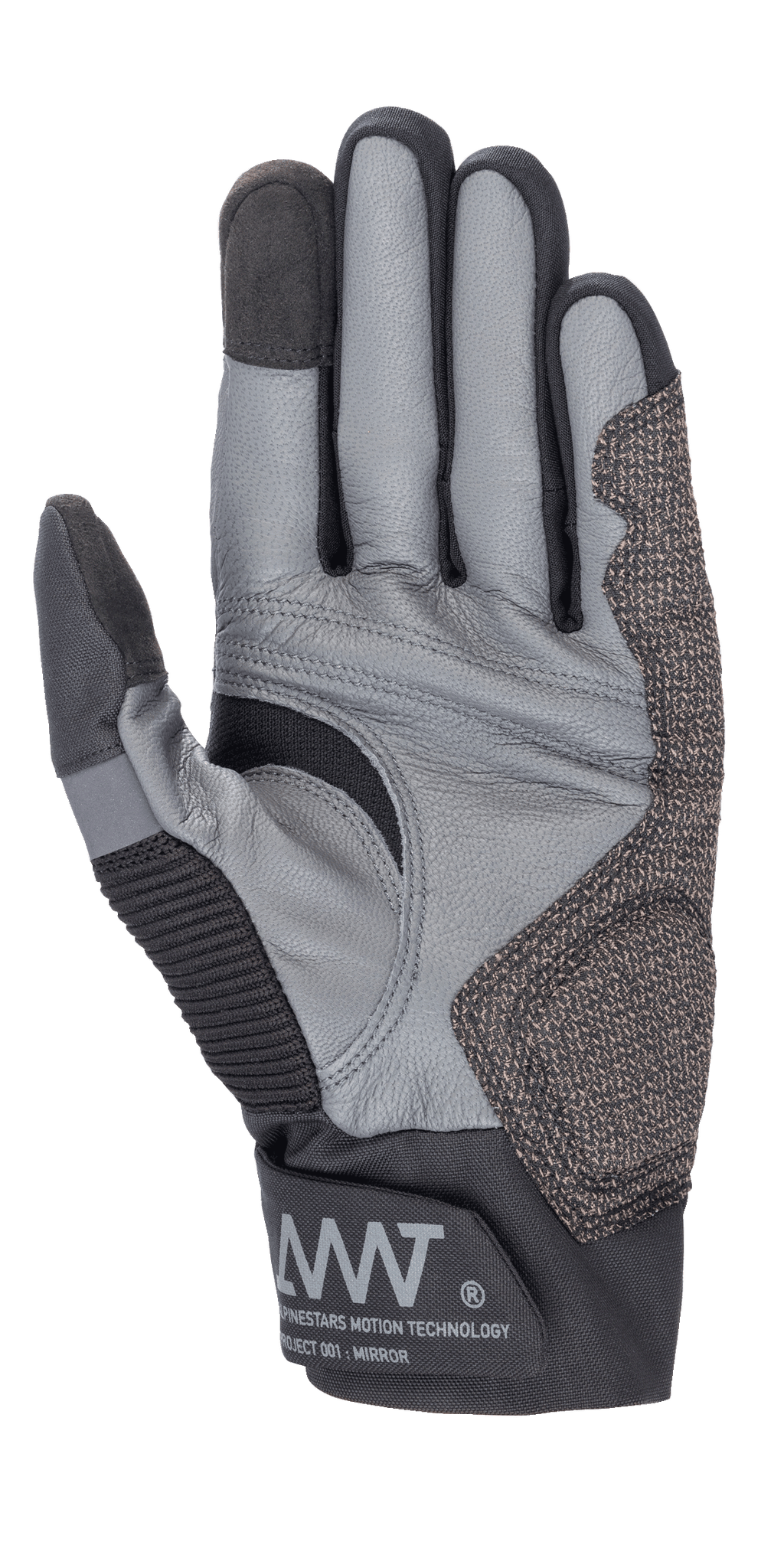 Guanti Alpinestars AMT-10 Air HDry®, nero e grigio, vista del palmo che evidenzia la costruzione in pelle di capra, il pattern di grip ergonomico e gli inserti tecnici elasticizzati, con marchio AMT sul polsino